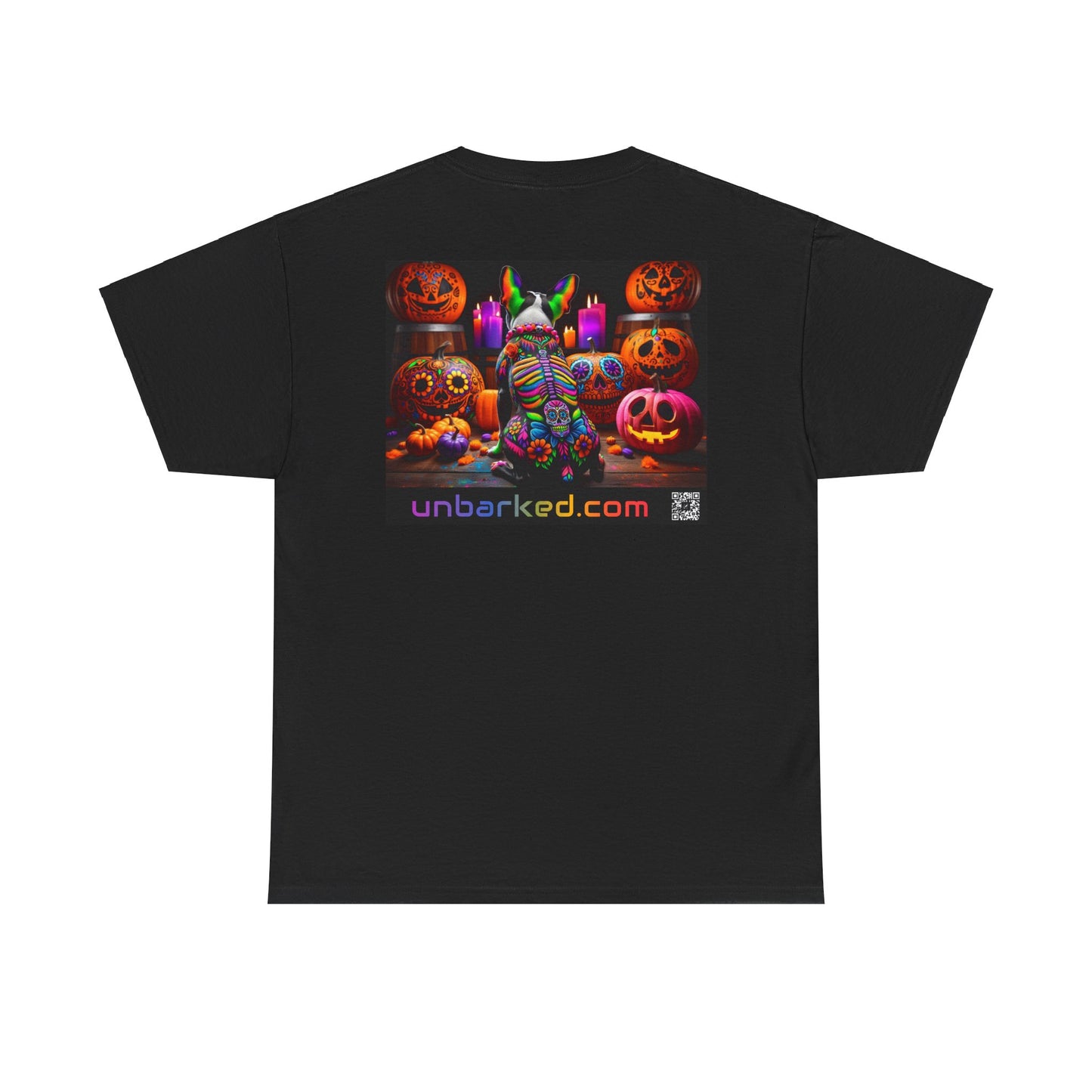 UNBARKED! Halloween Collection - Boston Terrier Dog Vibrant Día de Muertos Tattoo Unisex Heavy Cotton Tee