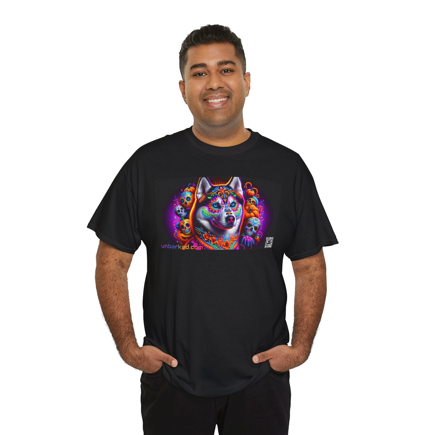 UNBARKED! Halloween Collection - Husky/ Alaskan Malamute Dog Vibrant Día de Muertos Tattoo Unisex Heavy Cotton Tee