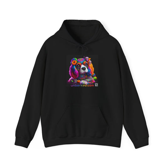 Unisex Heavy Blend™ Hooded Sweatshirt UNBARKED! Halloween Collection - Cavalier King Charles Spaniel Dog Vibrant Día de Muertos Tattoo