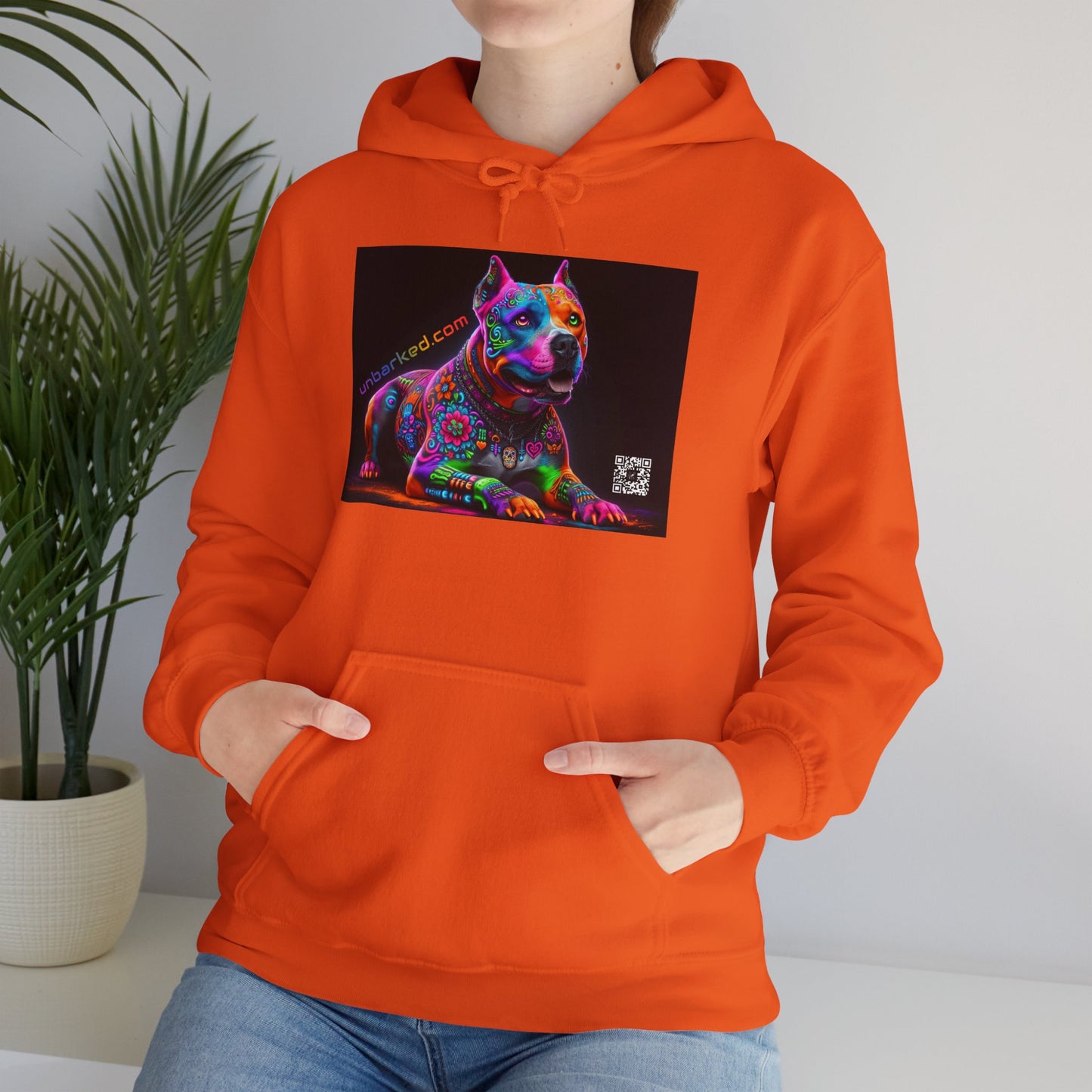 Hooded Sweatshirt UNBARKED! Halloween Collection - Pittie, Pitbull Dog Vibrant Día de Muertos Tattoo Hoodie Unisex Heavy Blend™