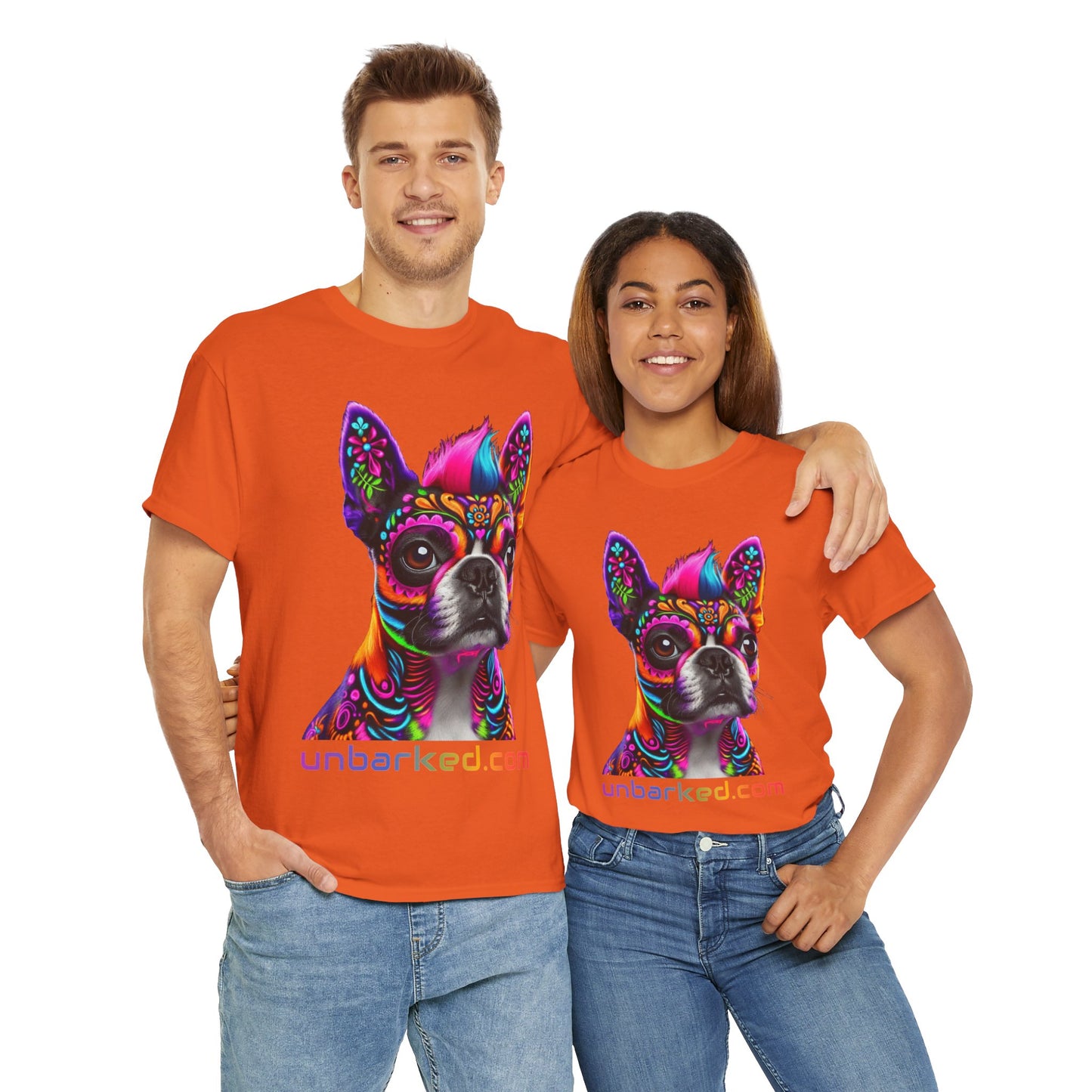 UNBARKED! Halloween Collection - Boston Terrier Dog Vibrant Día de Muertos Tattoo Unisex Heavy Cotton Tee