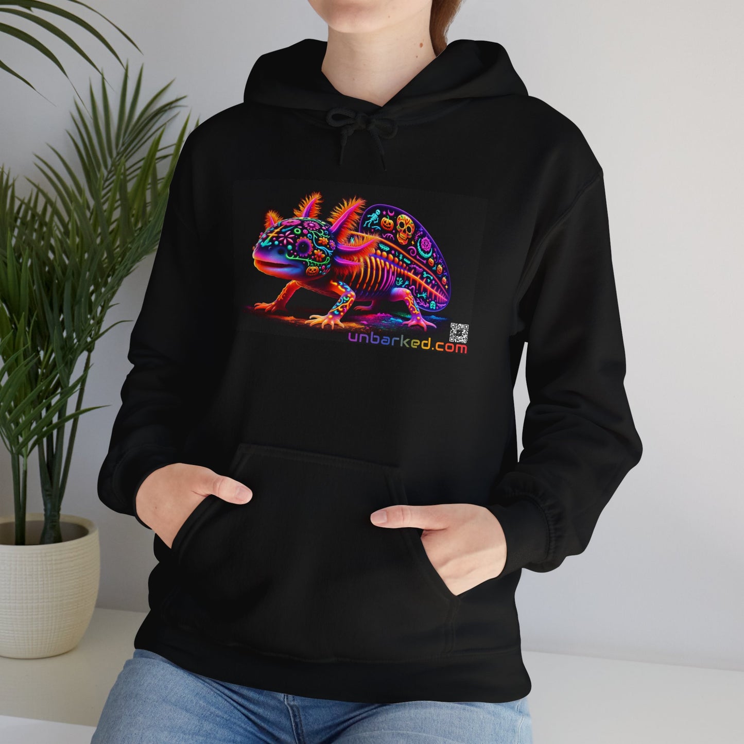Unisex Heavy Blend™ Hooded Sweatshirt UNBARKED! Halloween Collection - Axolotl Vibrant Día de Muertos Tattoo