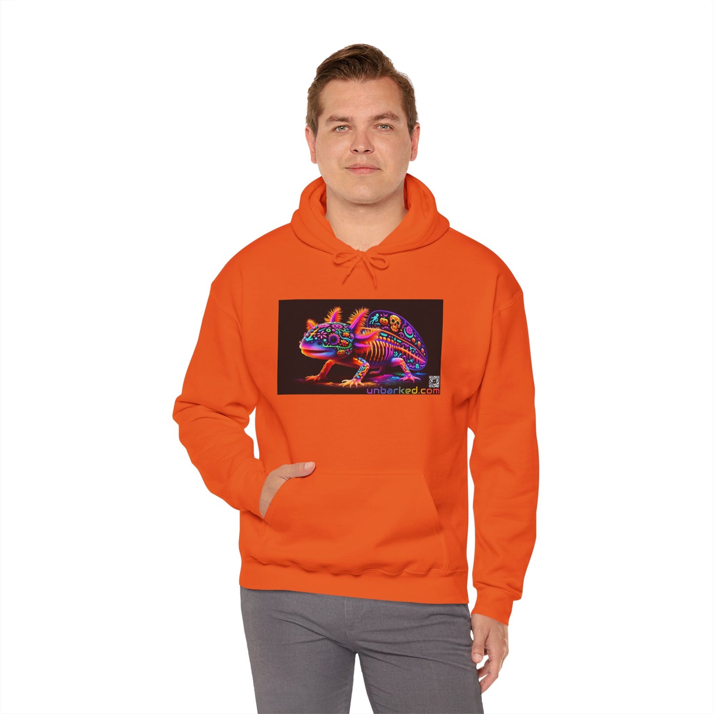 Unisex Heavy Blend™ Hooded Sweatshirt UNBARKED! Halloween Collection - Axolotl Vibrant Día de Muertos Tattoo