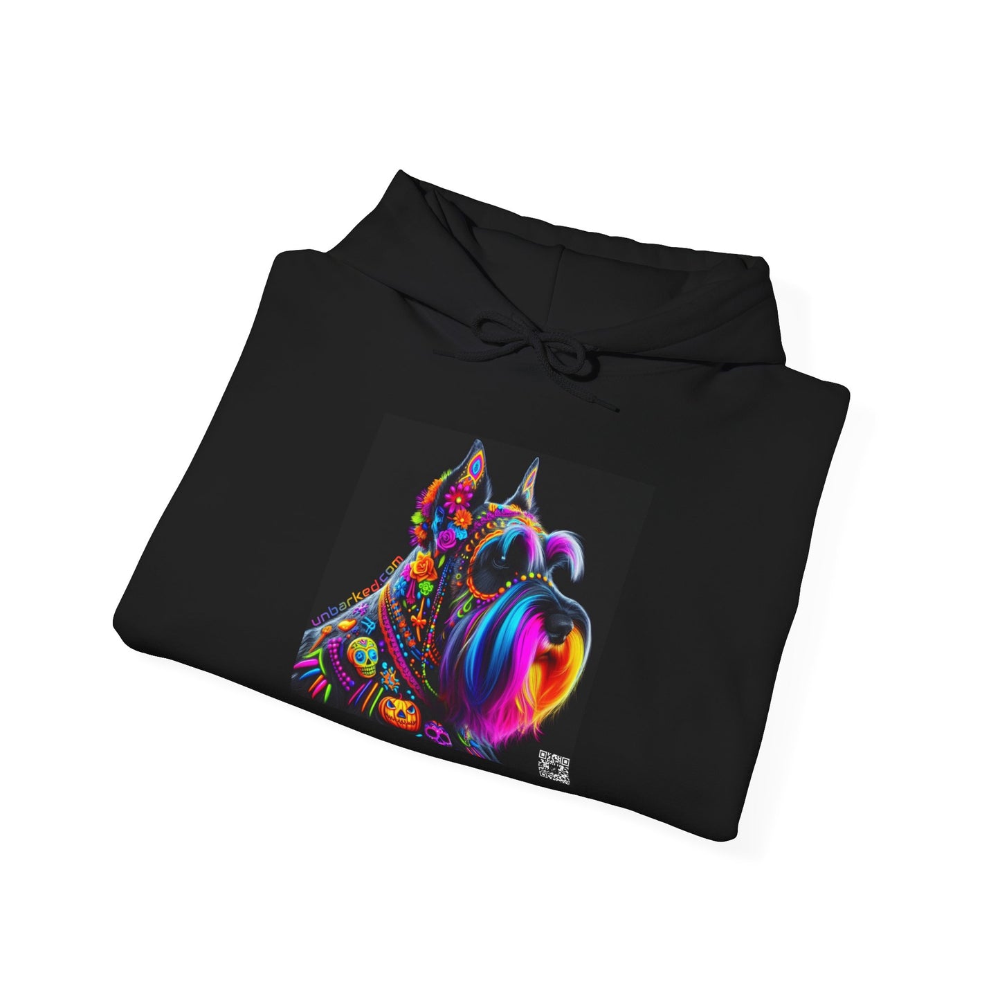 Unisex Heavy Blend™ Hooded Sweatshirt UNBARKED! Halloween Collection - Schnauzer Dog Vibrant Día de Muertos Tattoo