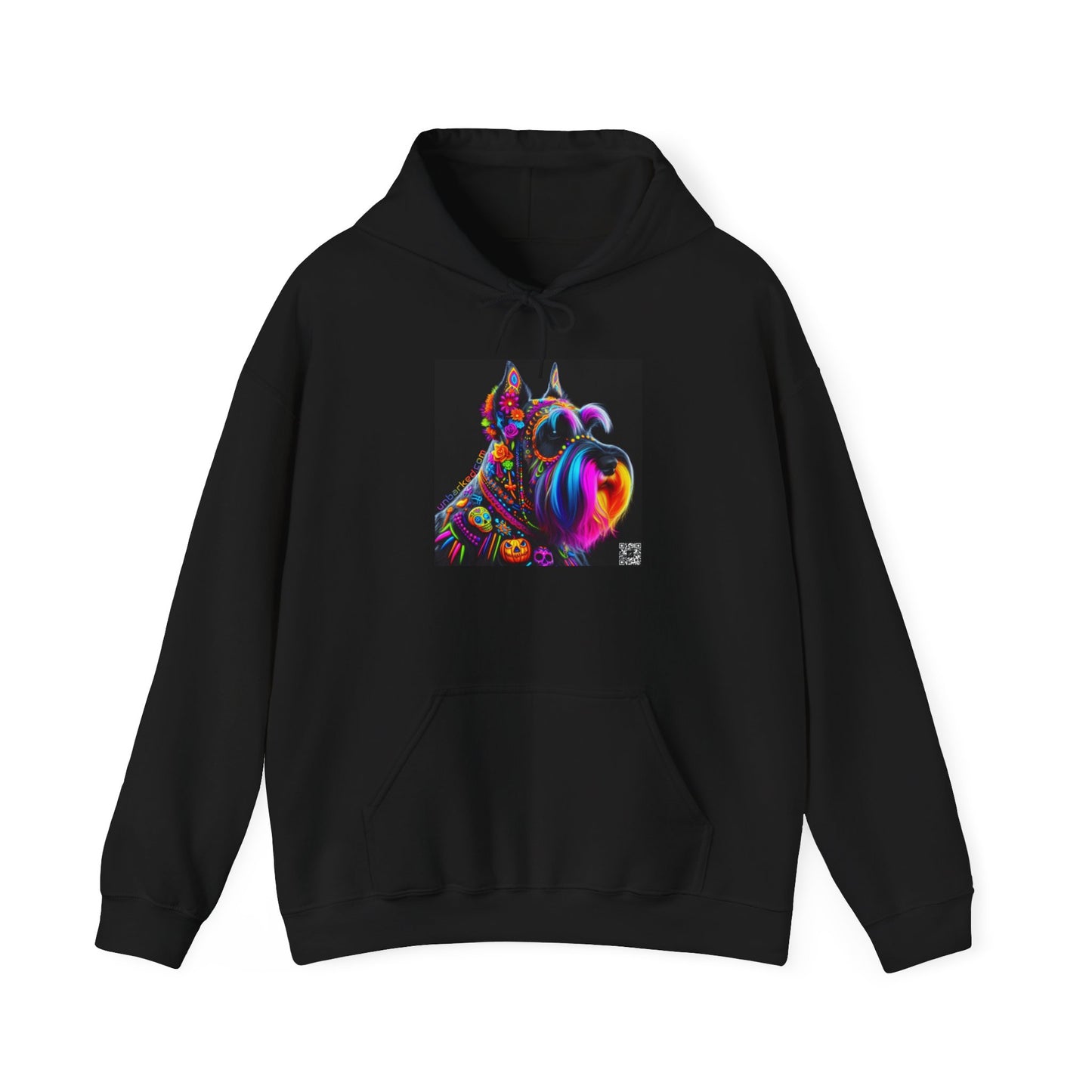 Unisex Heavy Blend™ Hooded Sweatshirt UNBARKED! Halloween Collection - Schnauzer Dog Vibrant Día de Muertos Tattoo