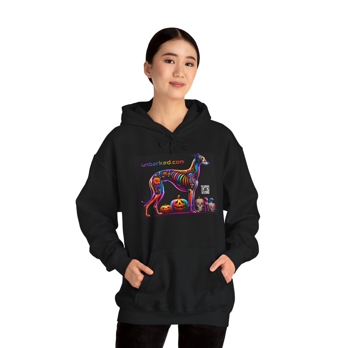 Unisex Heavy Blend™ Hooded Sweatshirt UNBARKED! Halloween Collection - Galgo Greyhound Dog Vibrant Día de Muertos Tattoo