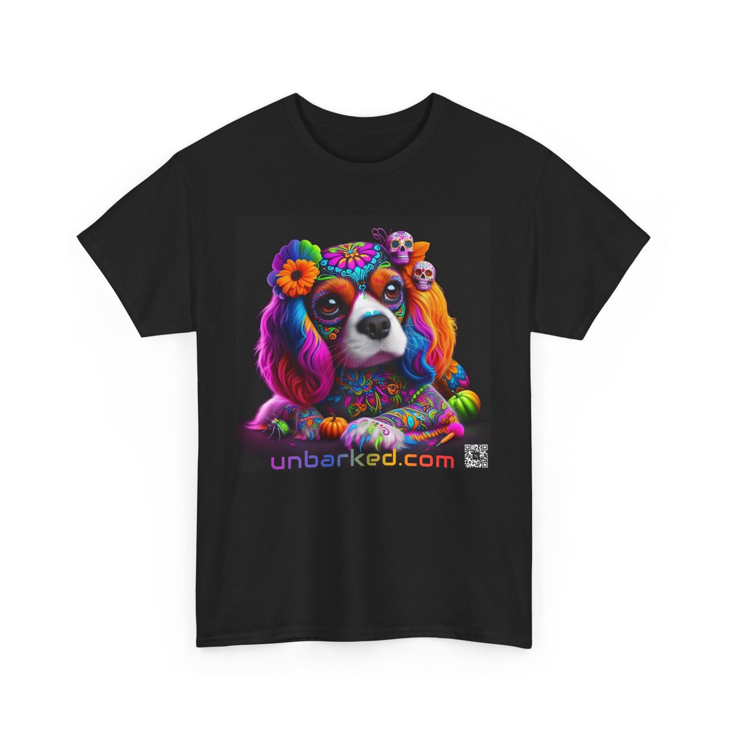 UNBARKED! Halloween Collection - Cavalier King Charles Spaniel Dog Vibrant Día de Muertos Tattoo Unisex Heavy Cotton Tee