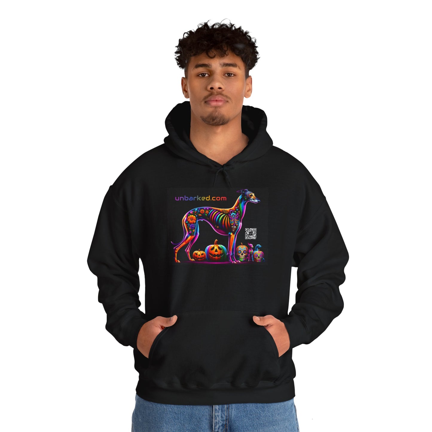 Unisex Heavy Blend™ Hooded Sweatshirt UNBARKED! Halloween Collection - Galgo Greyhound Dog Vibrant Día de Muertos Tattoo