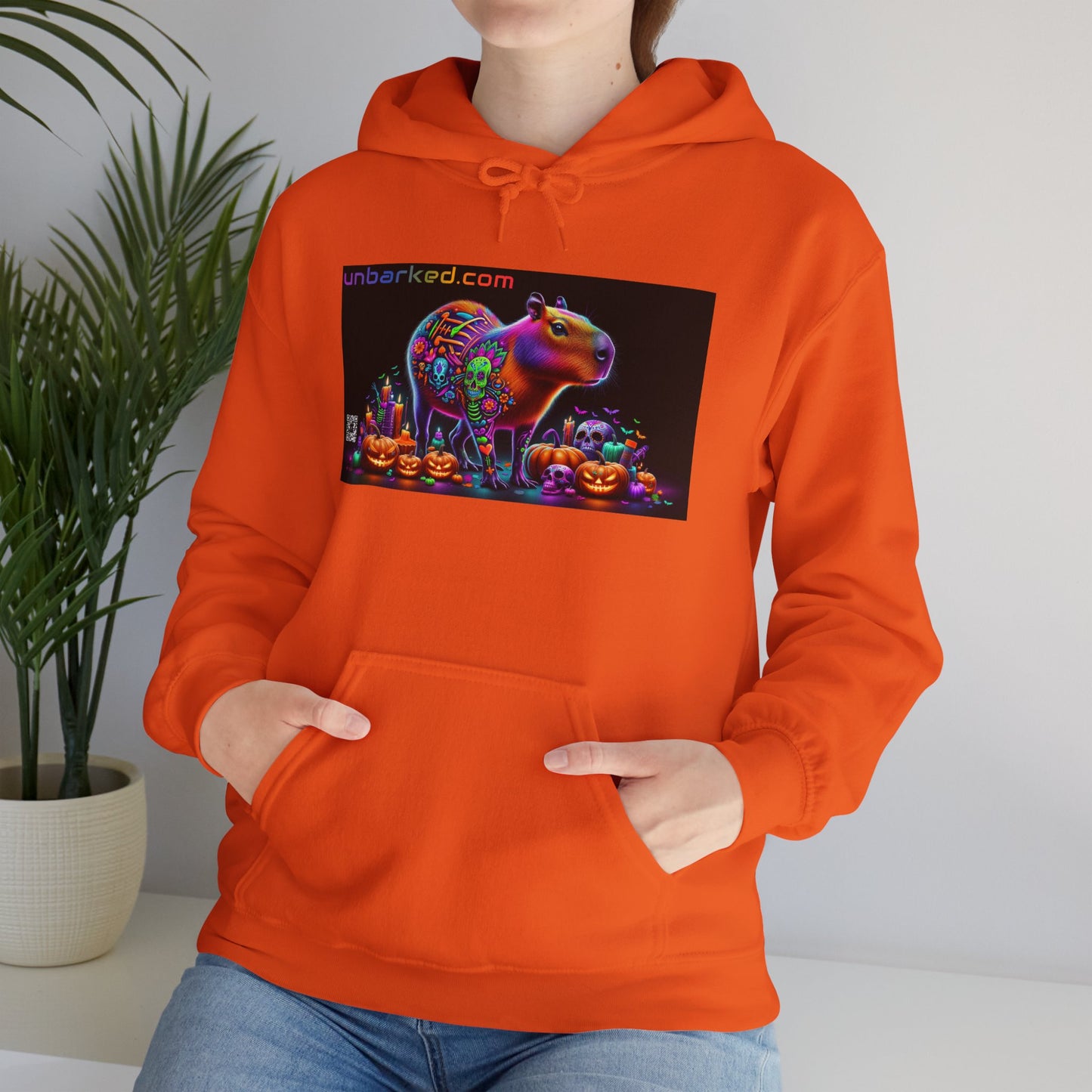 Unisex Heavy Blend™ Hooded Sweatshirt UNBARKED! Halloween Collection - Cappybara Vibrant Día de Muertos Tattoo