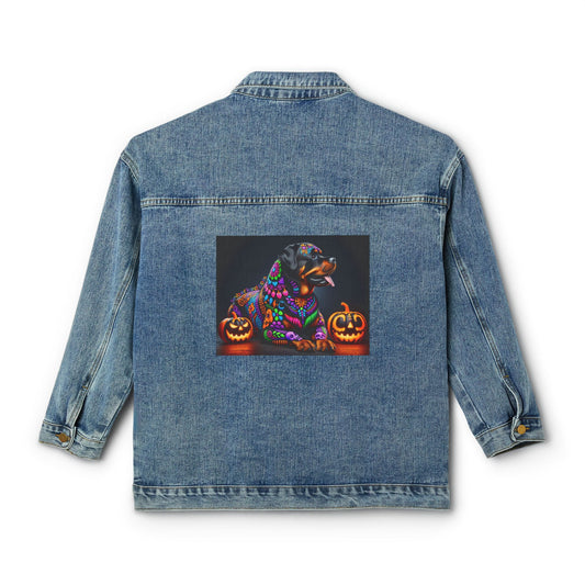 UNBARKED! Halloween Collective Women's Denim Jacket Rottweiler Dog Throw Bak!