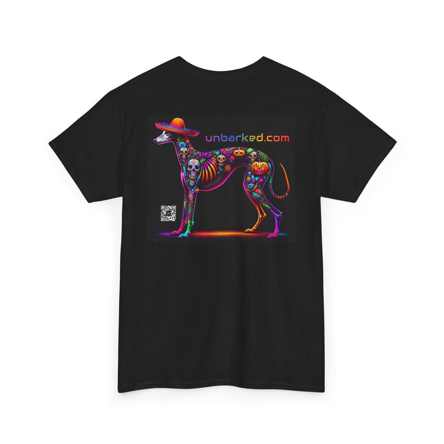 UNBARKED! Halloween Collection - Galgo Greyhound Dog Vibrant Día de Muertos Tattoo Unisex Heavy Cotton Tee