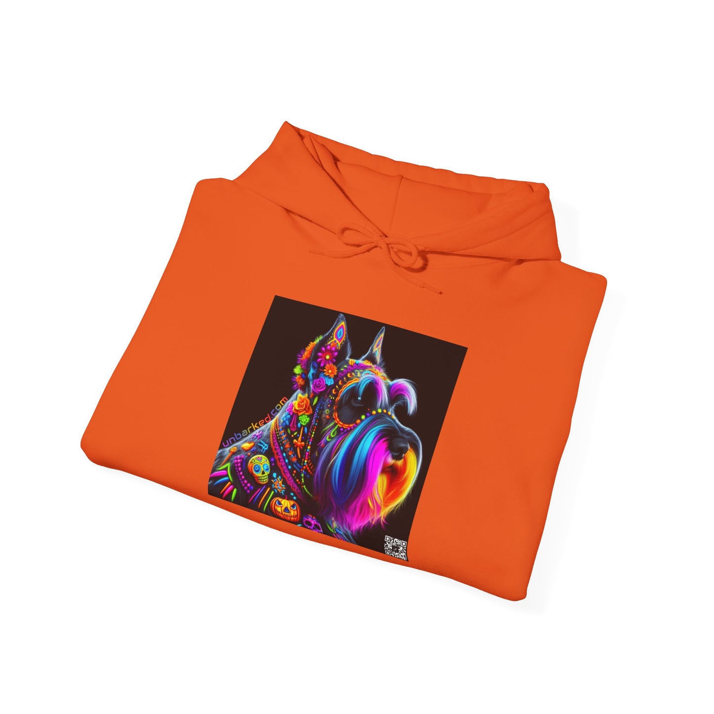 Unisex Heavy Blend™ Hooded Sweatshirt UNBARKED! Halloween Collection - Schnauzer Dog Vibrant Día de Muertos Tattoo