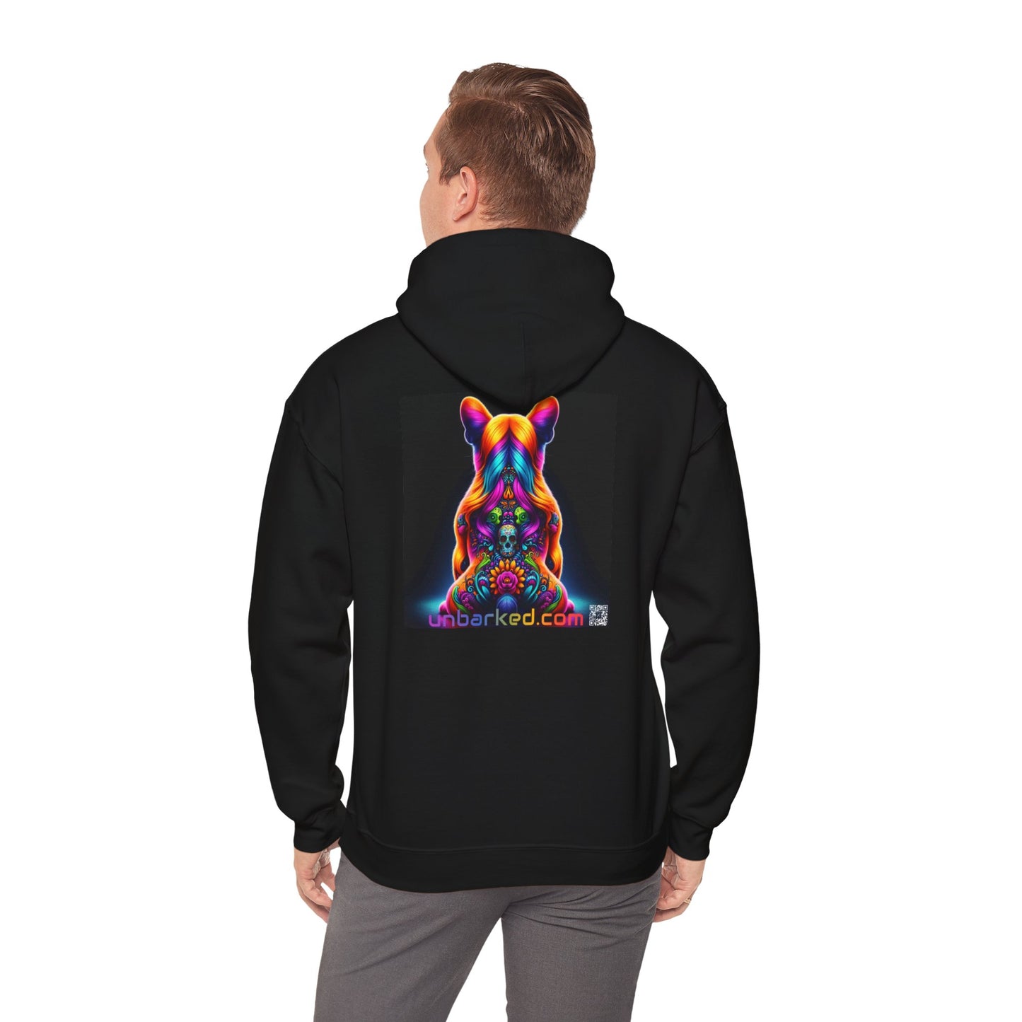 Unisex Heavy Blend™ Hooded Sweatshirt UNBARKED! Halloween Collection - Frenchie Dog Vibrant Día de Muertos Tattoo