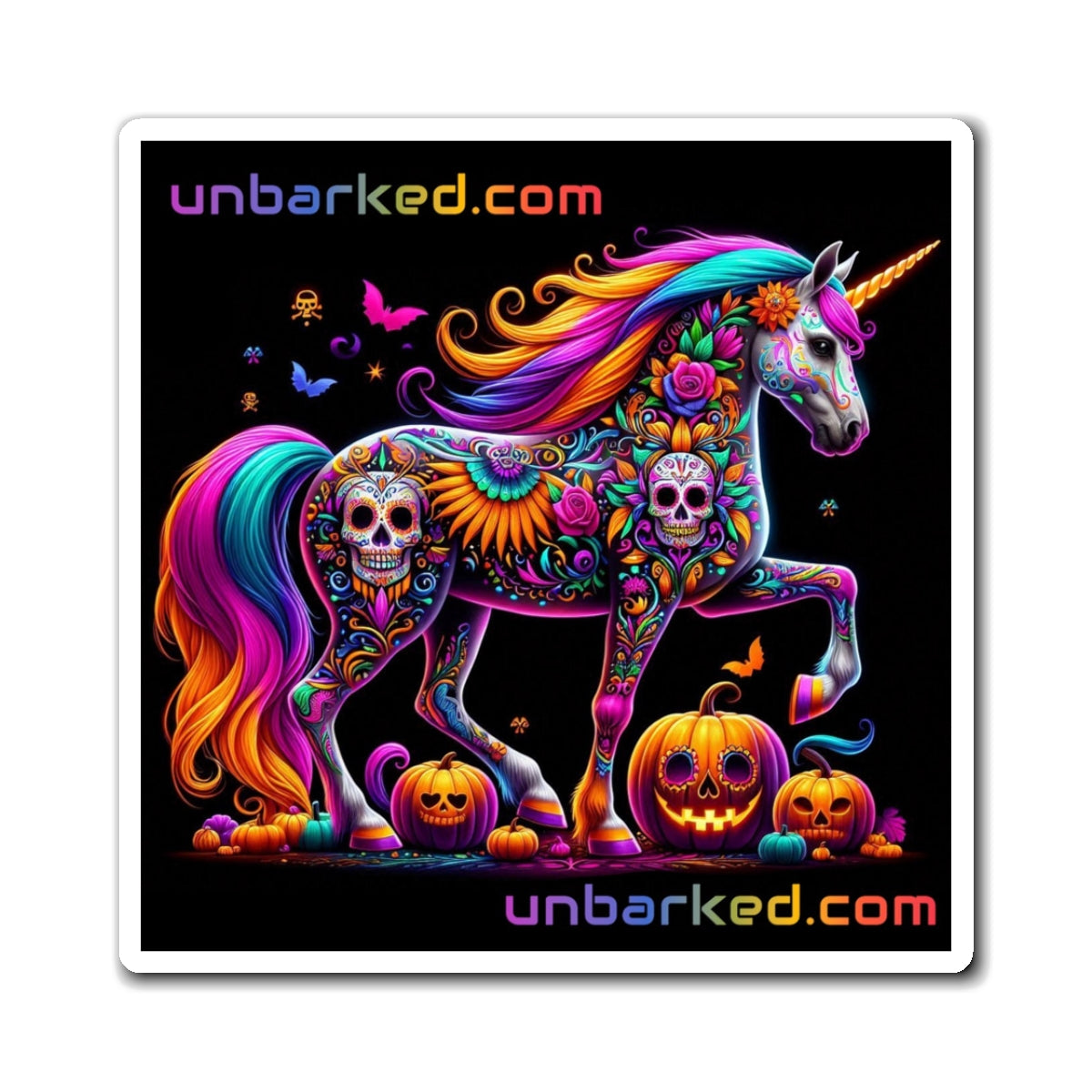 3" Square Magnets - UNBARKED! Halloween Collection - Unicorn Vibrant Día de Muertos Tattoo