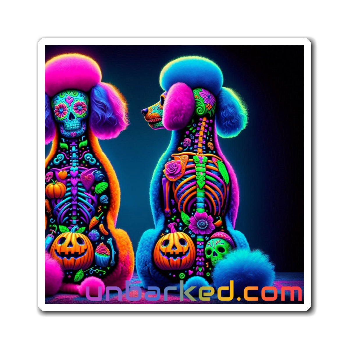 3" Square Magnet - UNBARKED! Halloween Collection - Poodle Dog Vibrant Día de Muertos Tattoo