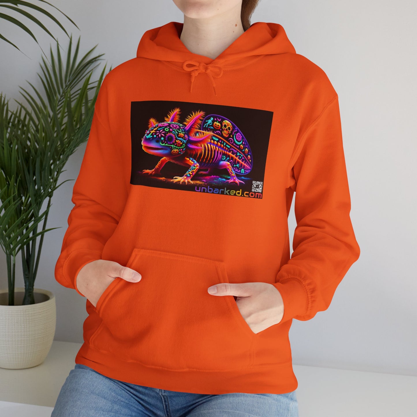 Unisex Heavy Blend™ Hooded Sweatshirt UNBARKED! Halloween Collection - Axolotl Vibrant Día de Muertos Tattoo