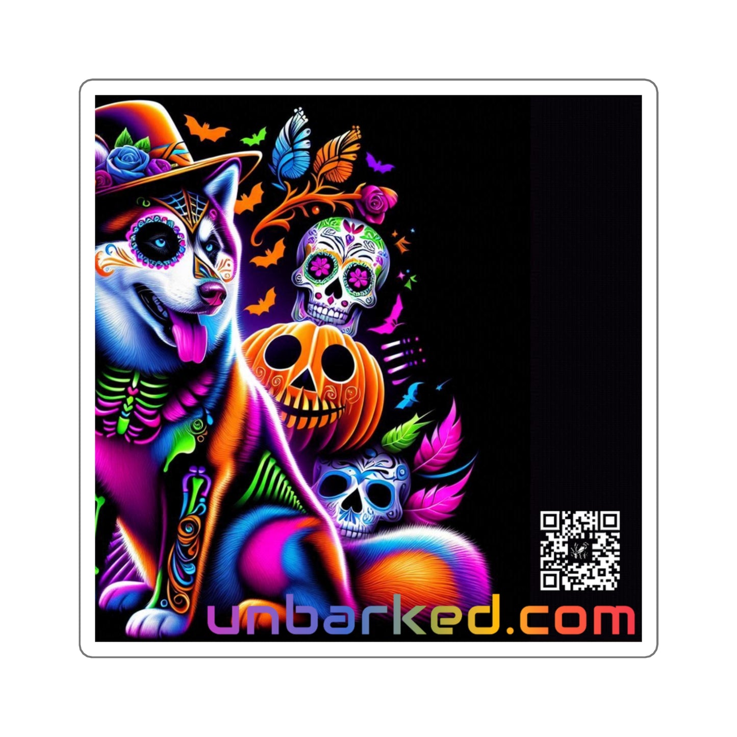 3x3" Square Sticker UNBARKED! Halloween Collection - Husky Dog Vibrant Día de Muertos Tattoo