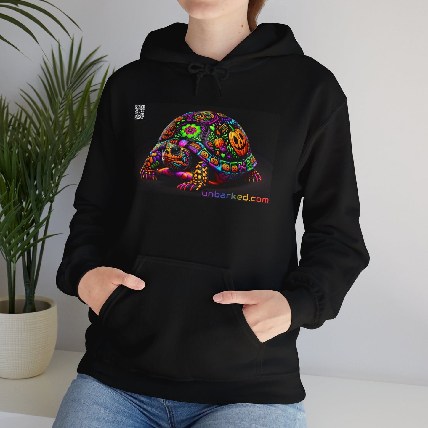 Unisex Heavy Blend™ Hooded Sweatshirt UNBARKED! Halloween Collection - Painted Slider Turtle Vibrant Día de Muertos Tattoo