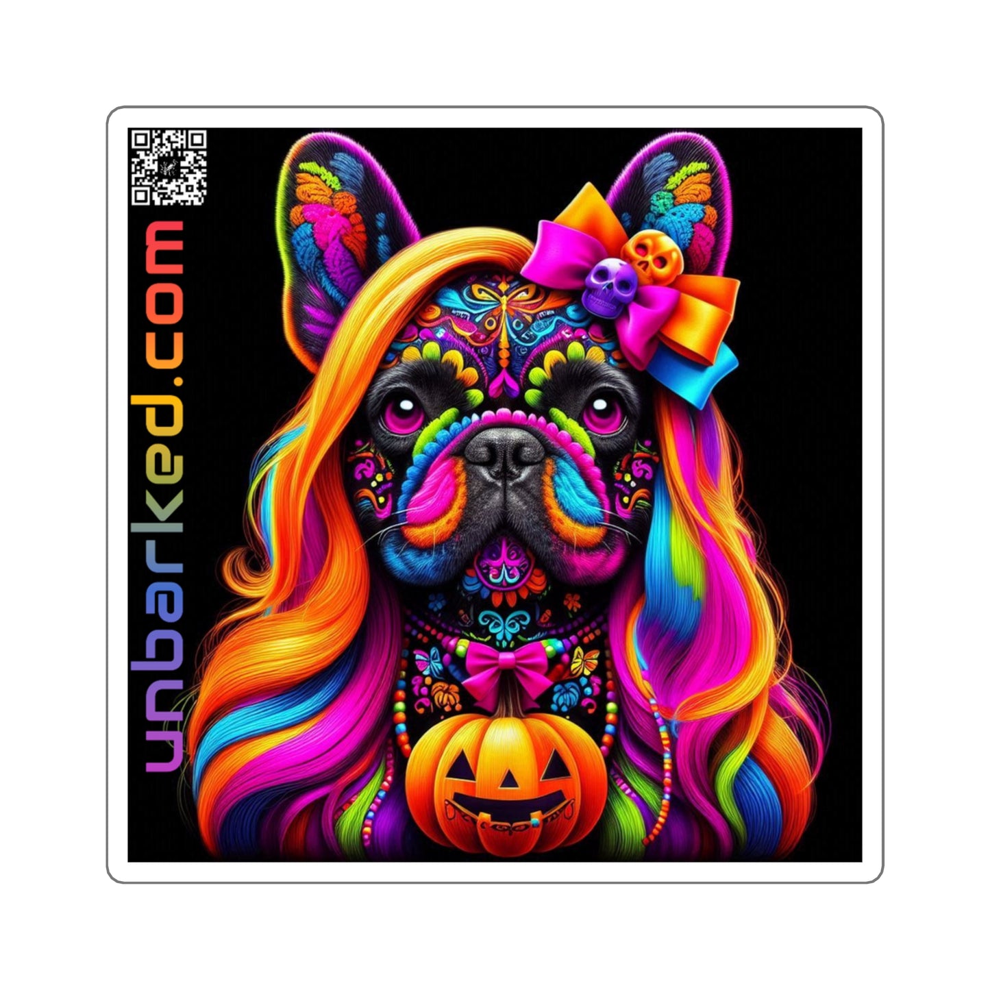 3x3" Square Sticker UNBARKED! Halloween Collection - Frenchie Dog Vibrant Día de Muertos Tattoo