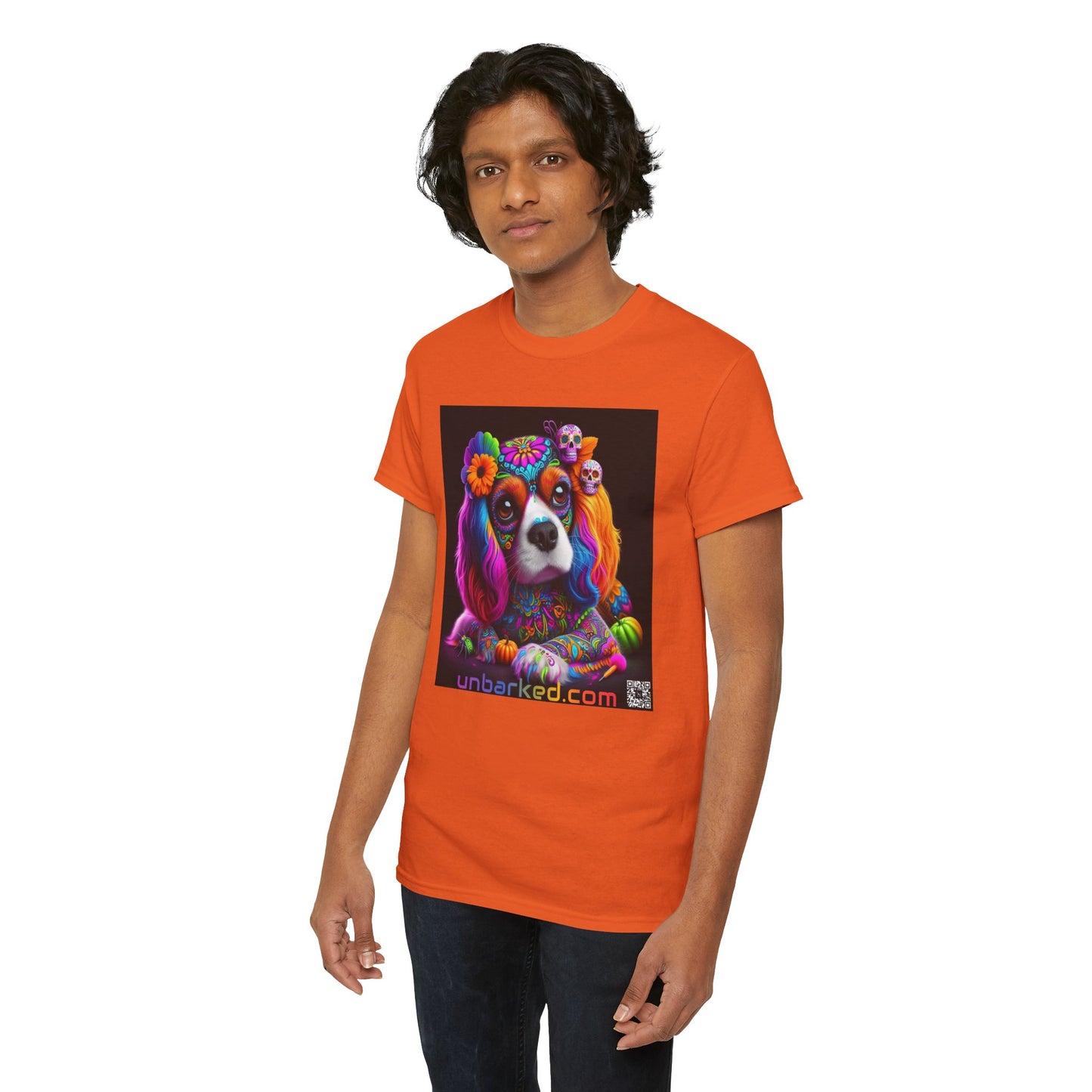 UNBARKED! Halloween Collection - Cavalier King Charles Spaniel Dog Vibrant Día de Muertos Tattoo Unisex Heavy Cotton Tee