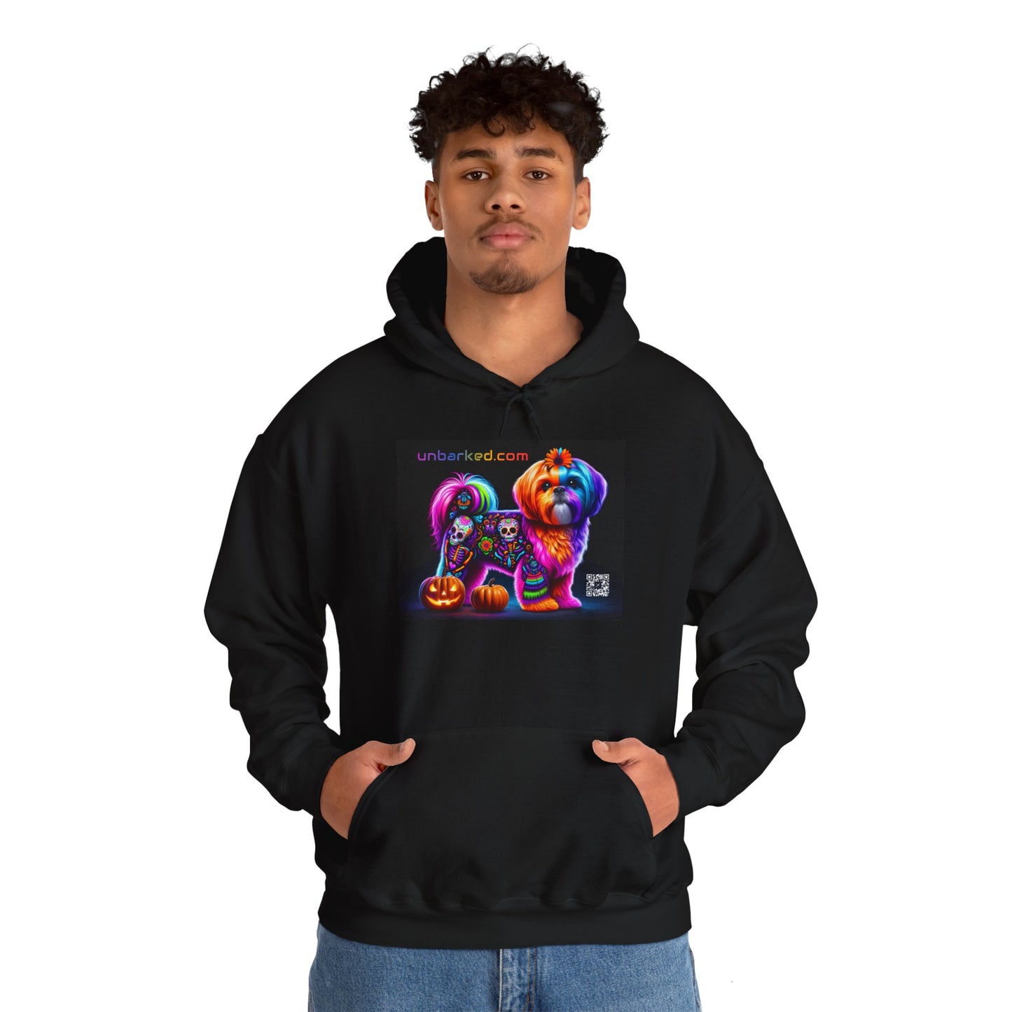 Unisex Heavy Blend™ Hooded Sweatshirt UNBARKED! Halloween Collection - Shih Tzu Dog Vibrant Día de Muertos Tattoo