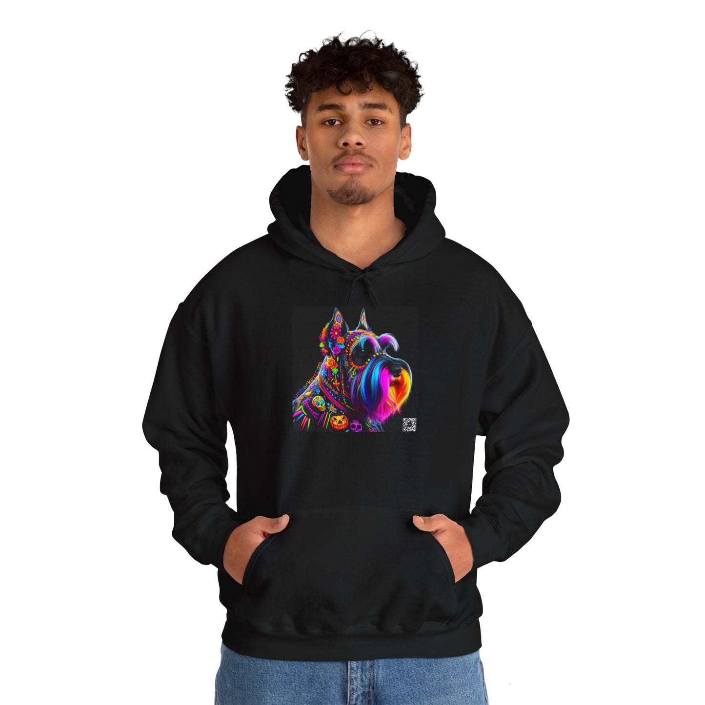 Unisex Heavy Blend™ Hooded Sweatshirt UNBARKED! Halloween Collection - Schnauzer Dog Vibrant Día de Muertos Tattoo