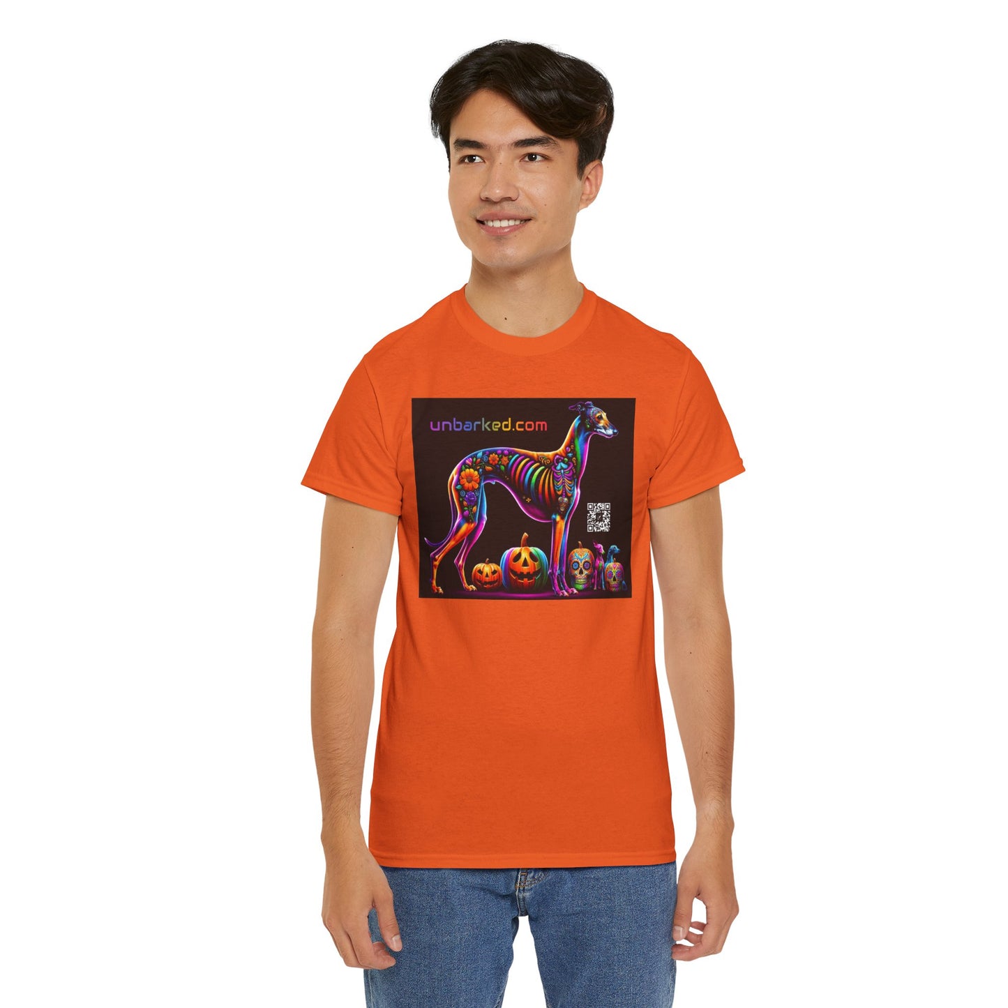 UNBARKED! Halloween Collection - Galgo Greyhound Dog Vibrant Día de Muertos Tattoo Unisex Heavy Cotton Tee