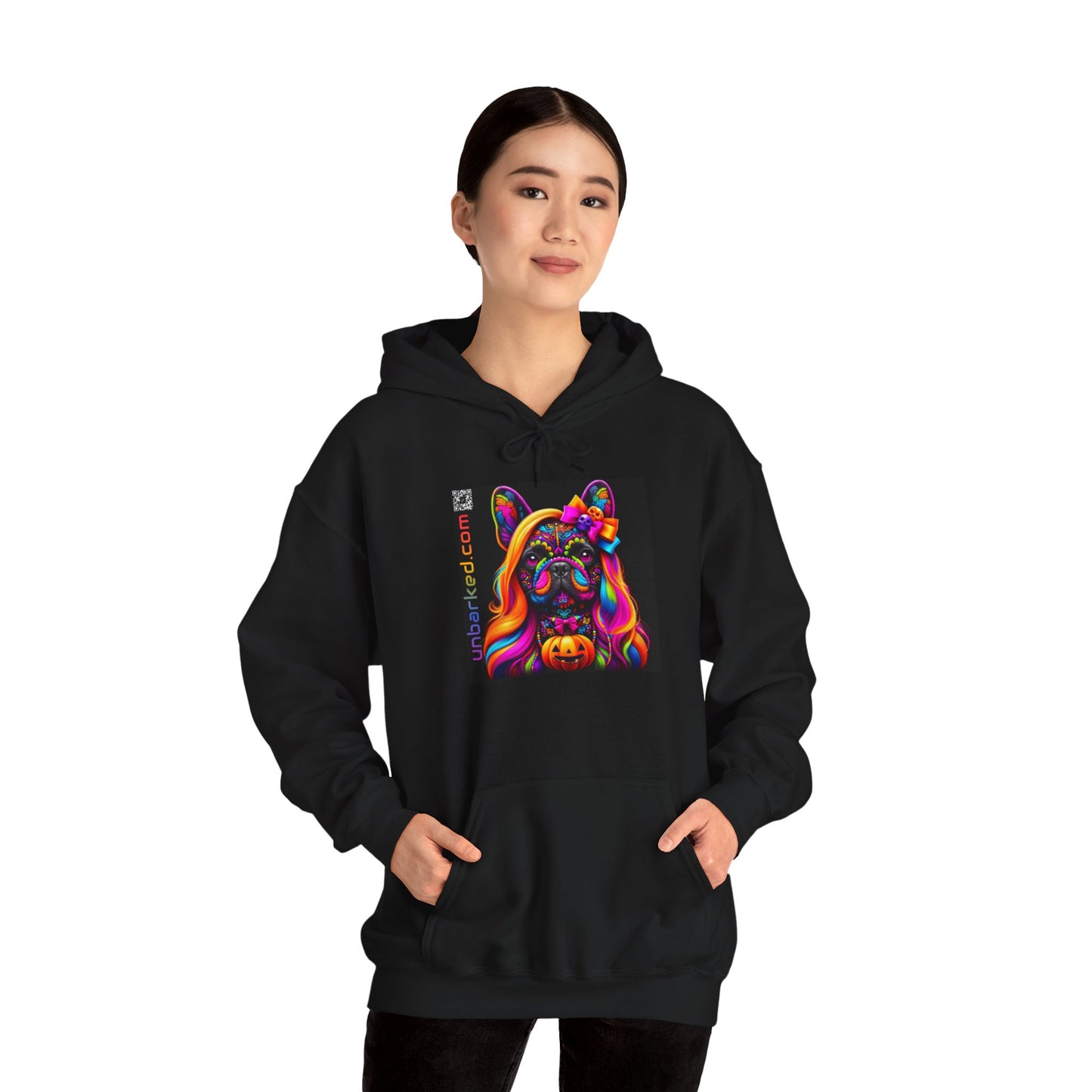 Unisex Heavy Blend™ Hooded Sweatshirt UNBARKED! Halloween Collection - Frenchie Dog Vibrant Día de Muertos Tattoo