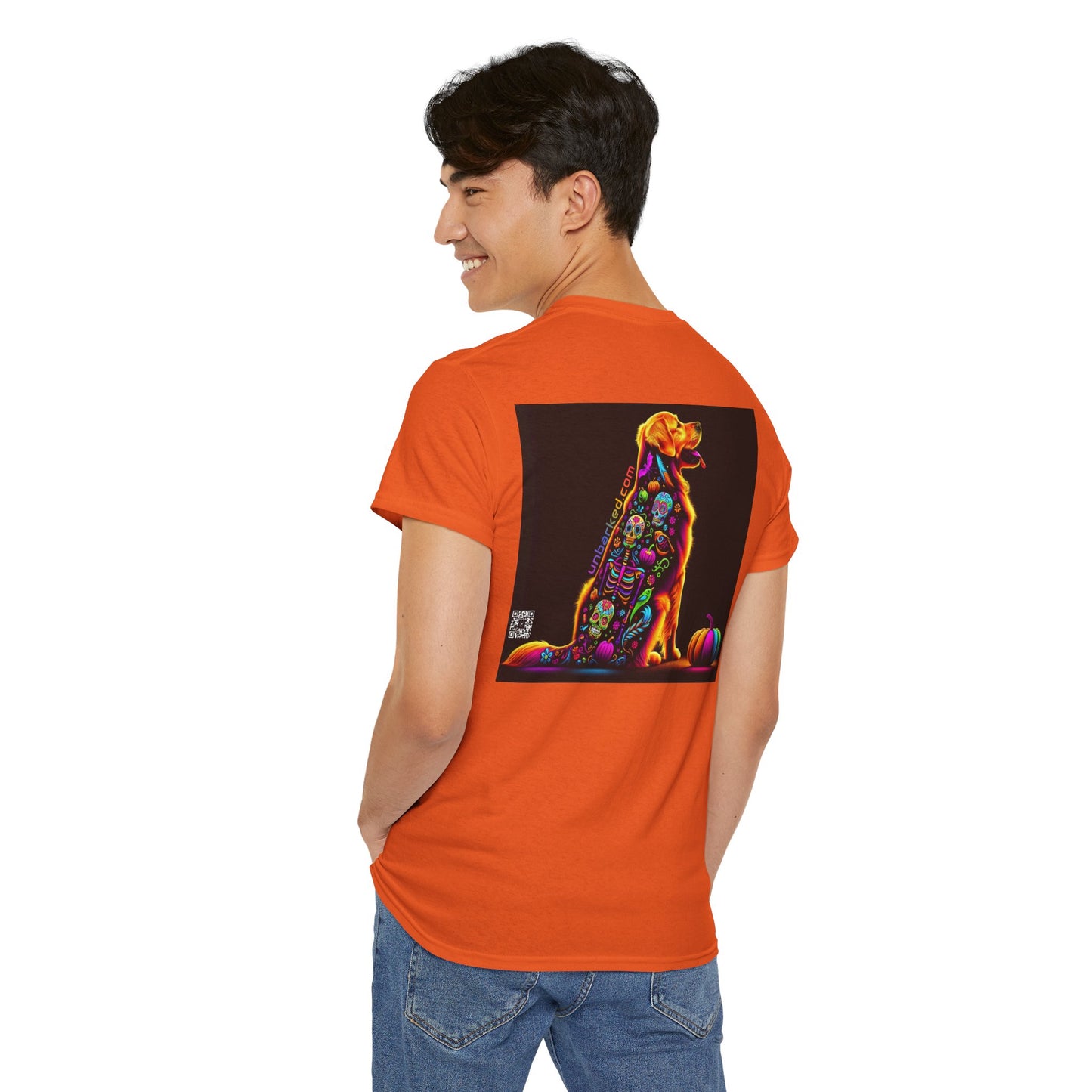 UNBARKED! Halloween Collection - Golden Retreiver Dog Vibrant Día de Muertos Tattoo Unisex Heavy Cotton Tee