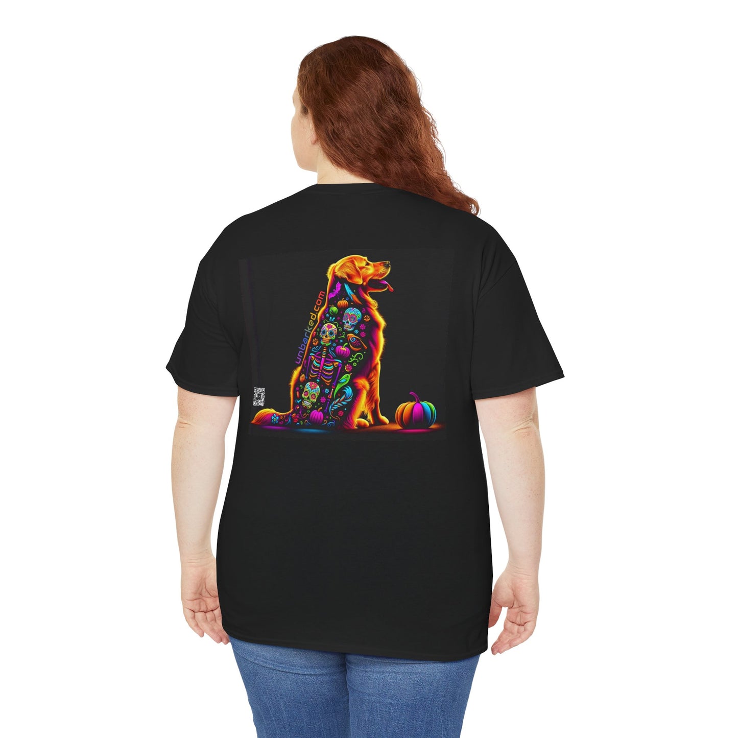 UNBARKED! Halloween Collection - Golden Retreiver Dog Vibrant Día de Muertos Tattoo Unisex Heavy Cotton Tee