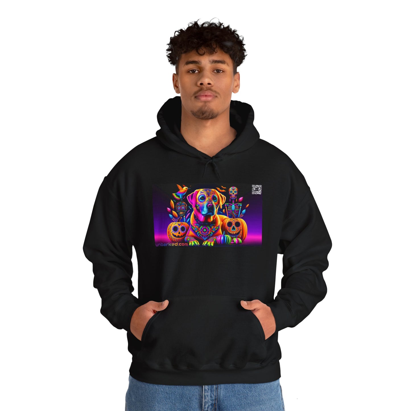 Unisex Heavy Blend™ Hooded Sweatshirt UNBARKED! Halloween Collection - Labrador Retreiver Dog Vibrant Día de Muertos Tattoo