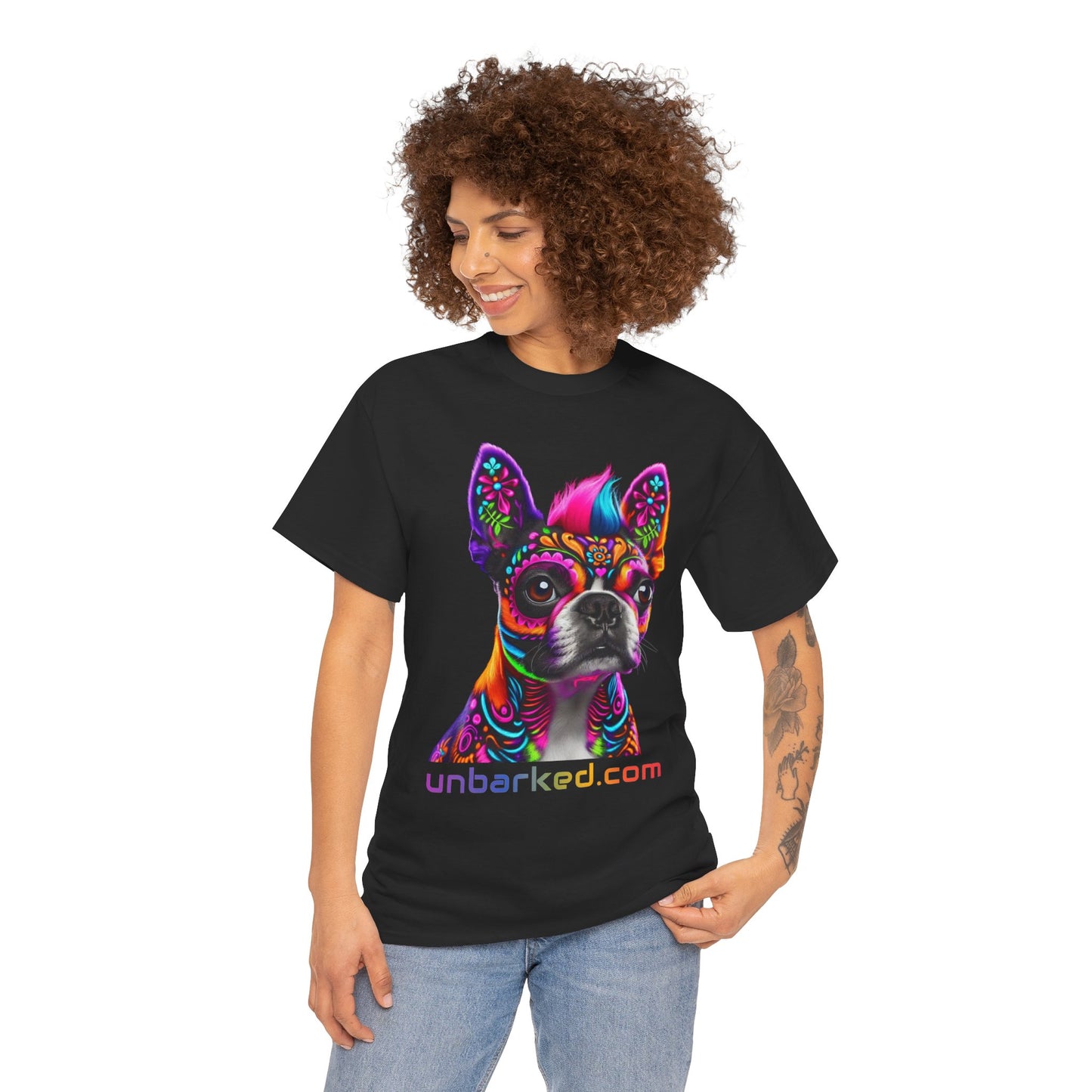 UNBARKED! Halloween Collection - Boston Terrier Dog Vibrant Día de Muertos Tattoo Unisex Heavy Cotton Tee