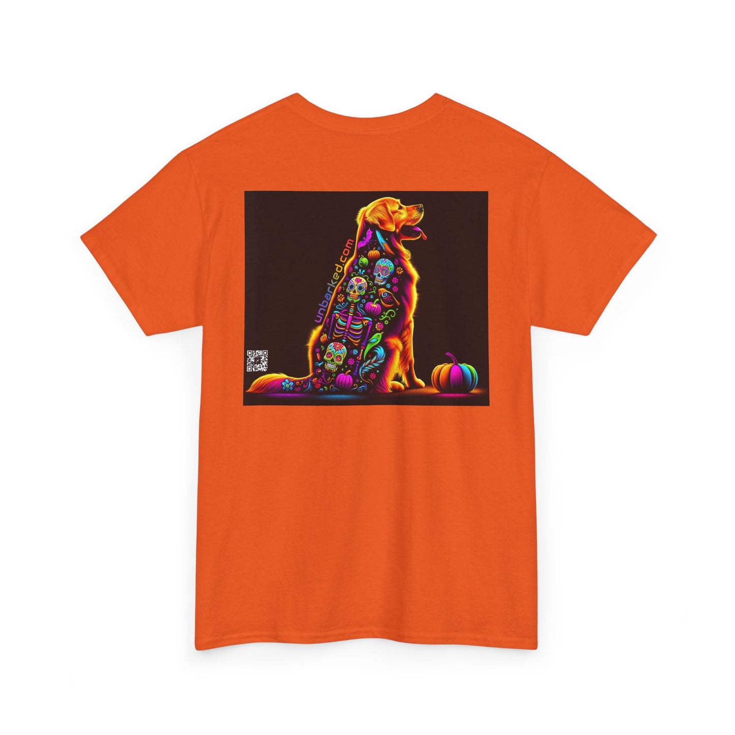 UNBARKED! Halloween Collection - Golden Retreiver Dog Vibrant Día de Muertos Tattoo Unisex Heavy Cotton Tee