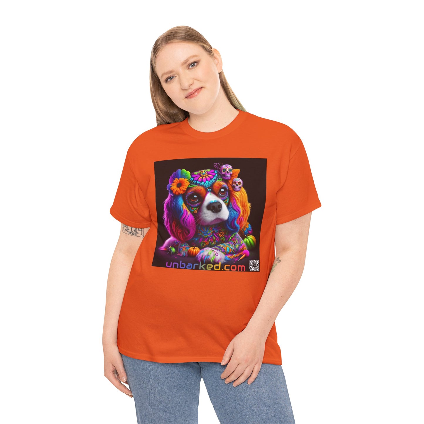 UNBARKED! Halloween Collection - Cavalier King Charles Spaniel Dog Vibrant Día de Muertos Tattoo Unisex Heavy Cotton Tee