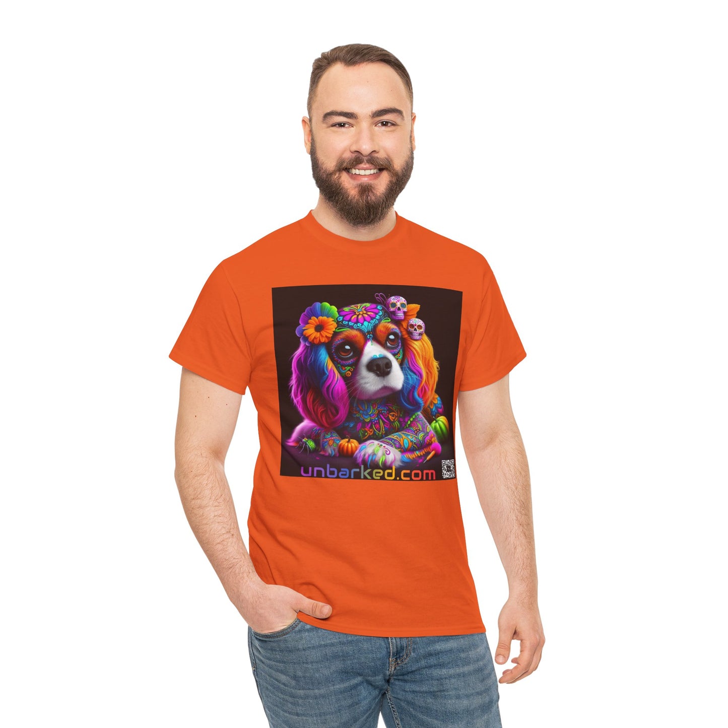 UNBARKED! Halloween Collection - Cavalier King Charles Spaniel Dog Vibrant Día de Muertos Tattoo Unisex Heavy Cotton Tee