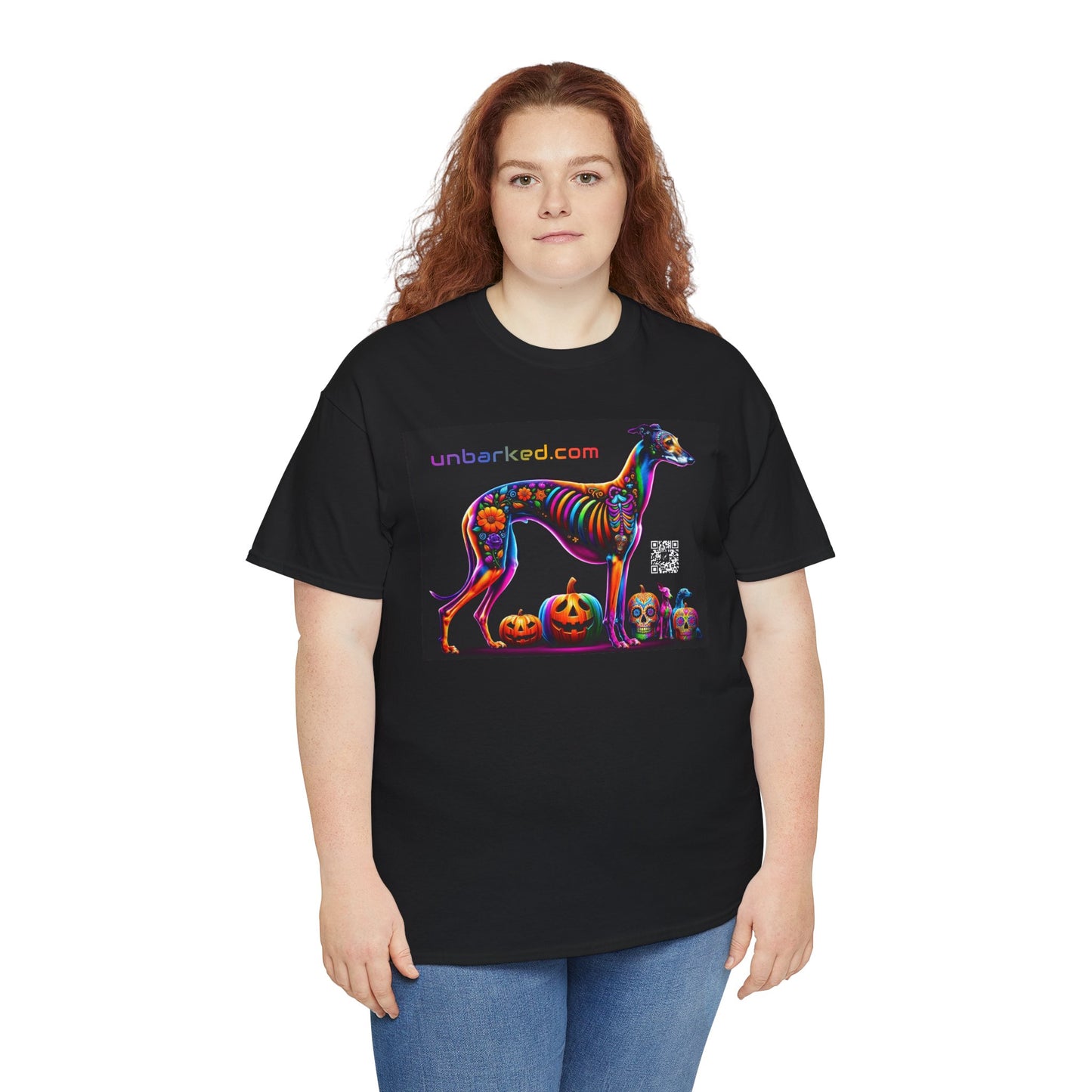 UNBARKED! Halloween Collection - Galgo Greyhound Dog Vibrant Día de Muertos Tattoo Unisex Heavy Cotton Tee