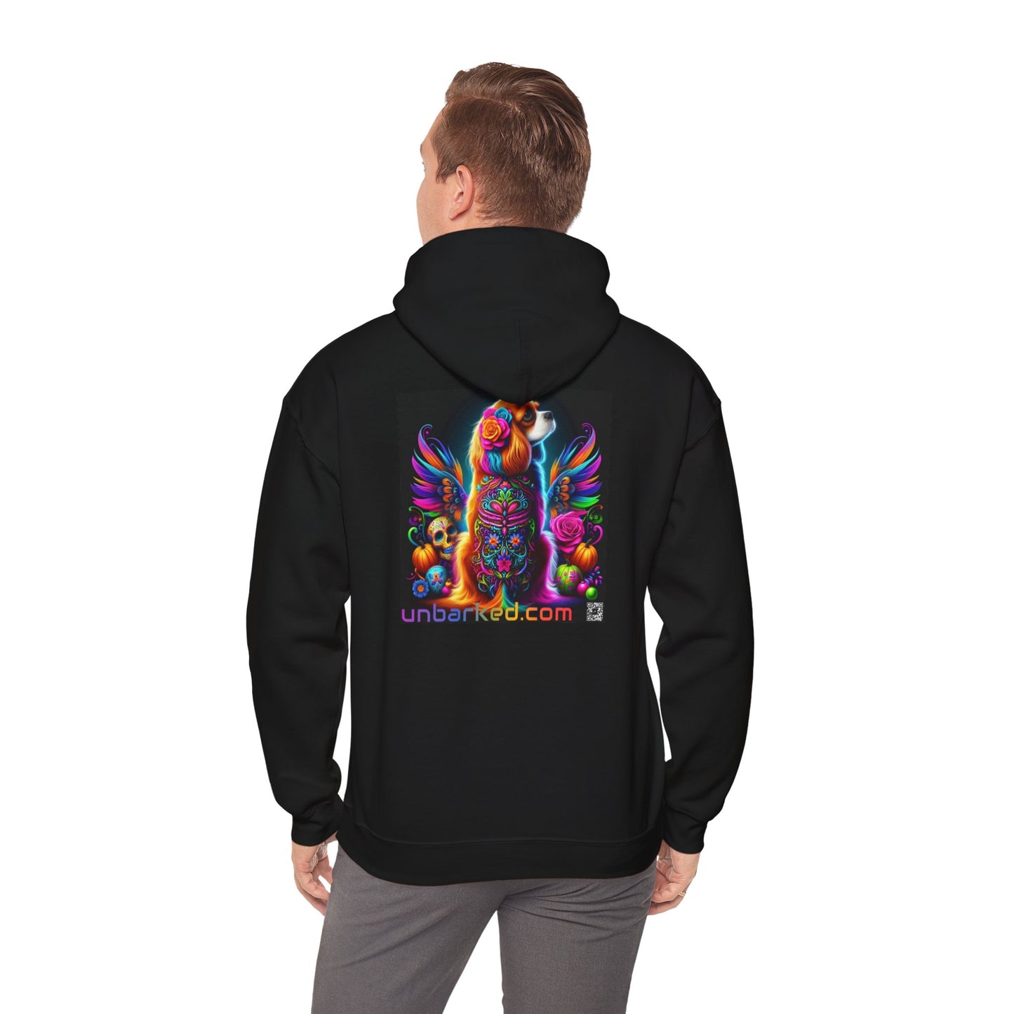 Unisex Heavy Blend™ Hooded Sweatshirt UNBARKED! Halloween Collection - Cavalier King Charles Spaniel Dog Vibrant Día de Muertos Tattoo