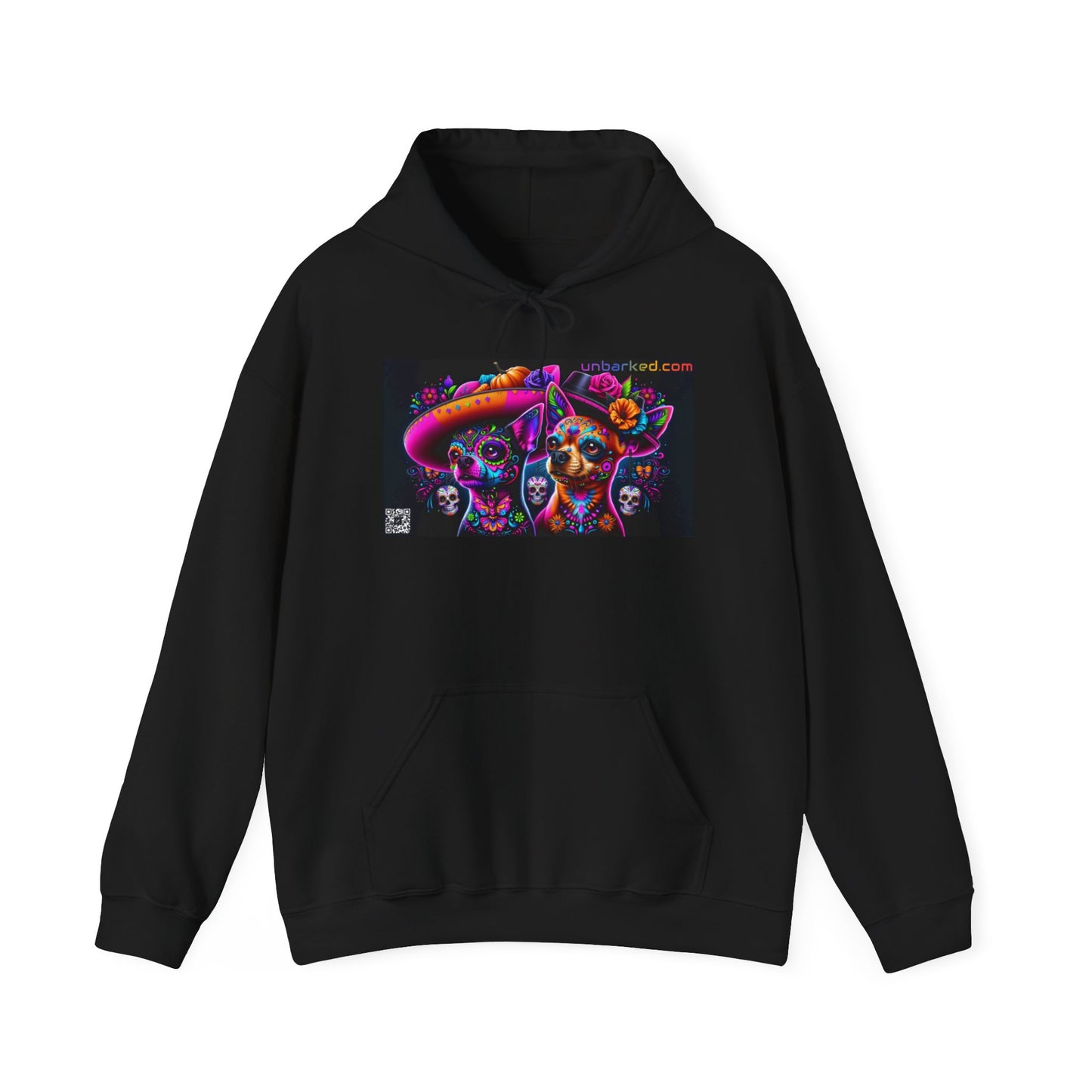Unisex Heavy Blend™ Hooded Sweatshirt UNBARKED! Halloween Collection - Chihuahua Vibrant Día de Muertos Tattoo