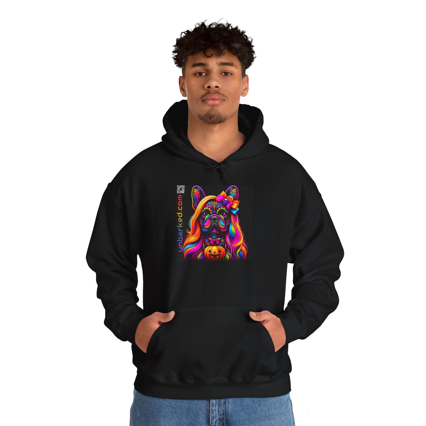 Unisex Heavy Blend™ Hooded Sweatshirt UNBARKED! Halloween Collection - Frenchie Dog Vibrant Día de Muertos Tattoo