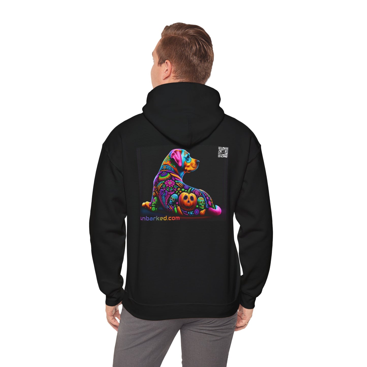 Unisex Heavy Blend™ Hooded Sweatshirt UNBARKED! Halloween Collection - Labrador Retreiver Dog Vibrant Día de Muertos Tattoo