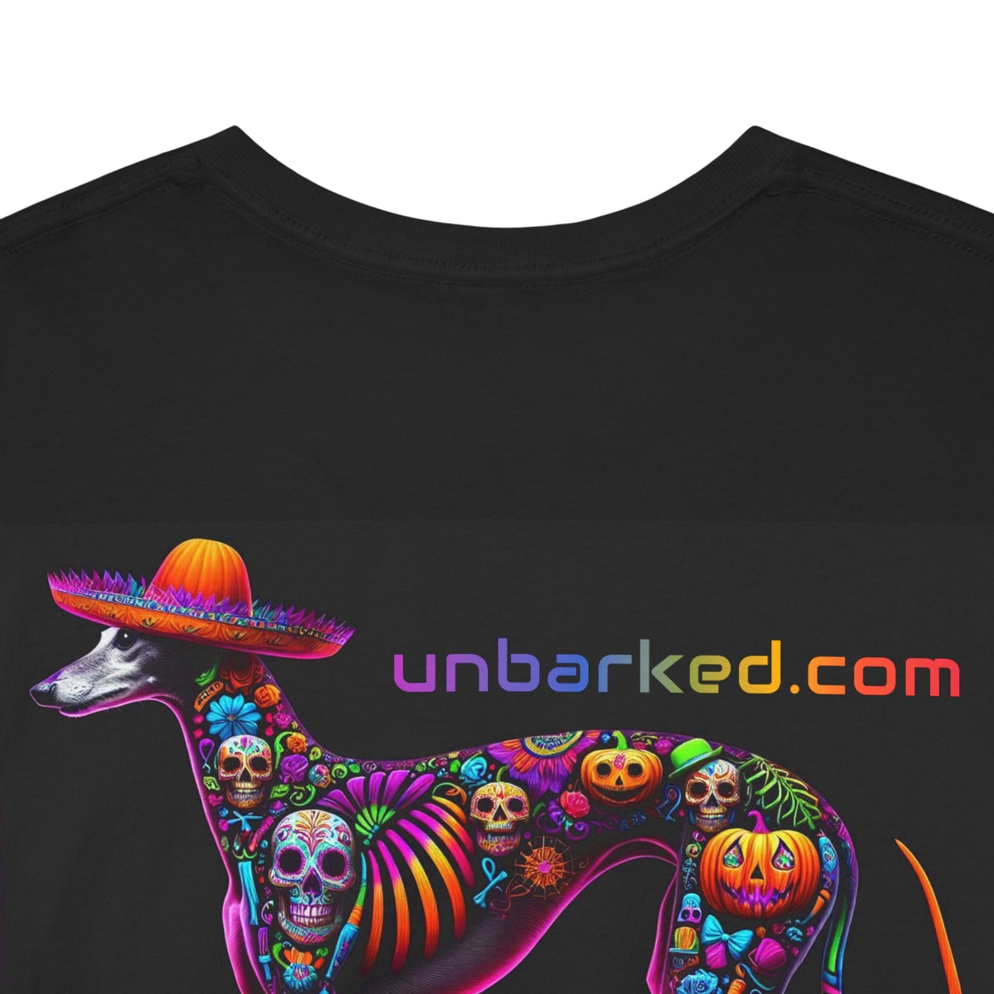 UNBARKED! Halloween Collection - Galgo Greyhound Dog Vibrant Día de Muertos Tattoo Unisex Heavy Cotton Tee