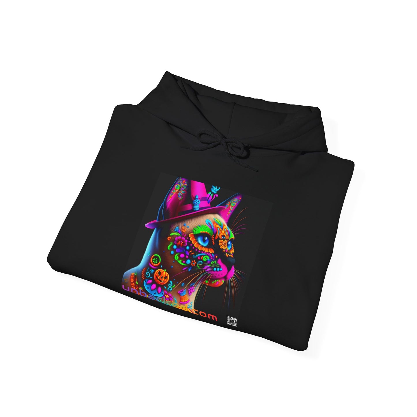 Unisex Heavy Blend™ Hooded Sweatshirt UNBARKED! Halloween Collection - Siamese Cat Vibrant Día de Muertos Tattoo