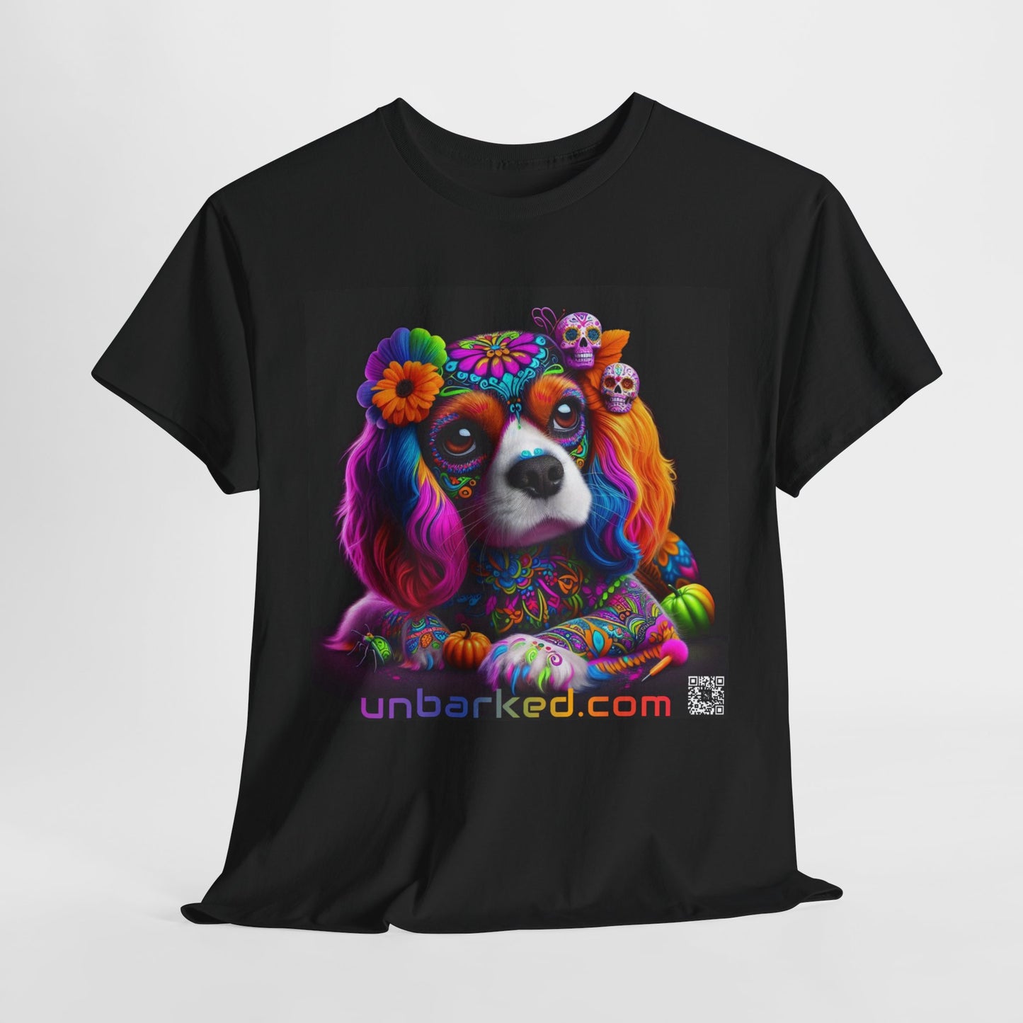 UNBARKED! Halloween Collection - Cavalier King Charles Spaniel Dog Vibrant Día de Muertos Tattoo Unisex Heavy Cotton Tee