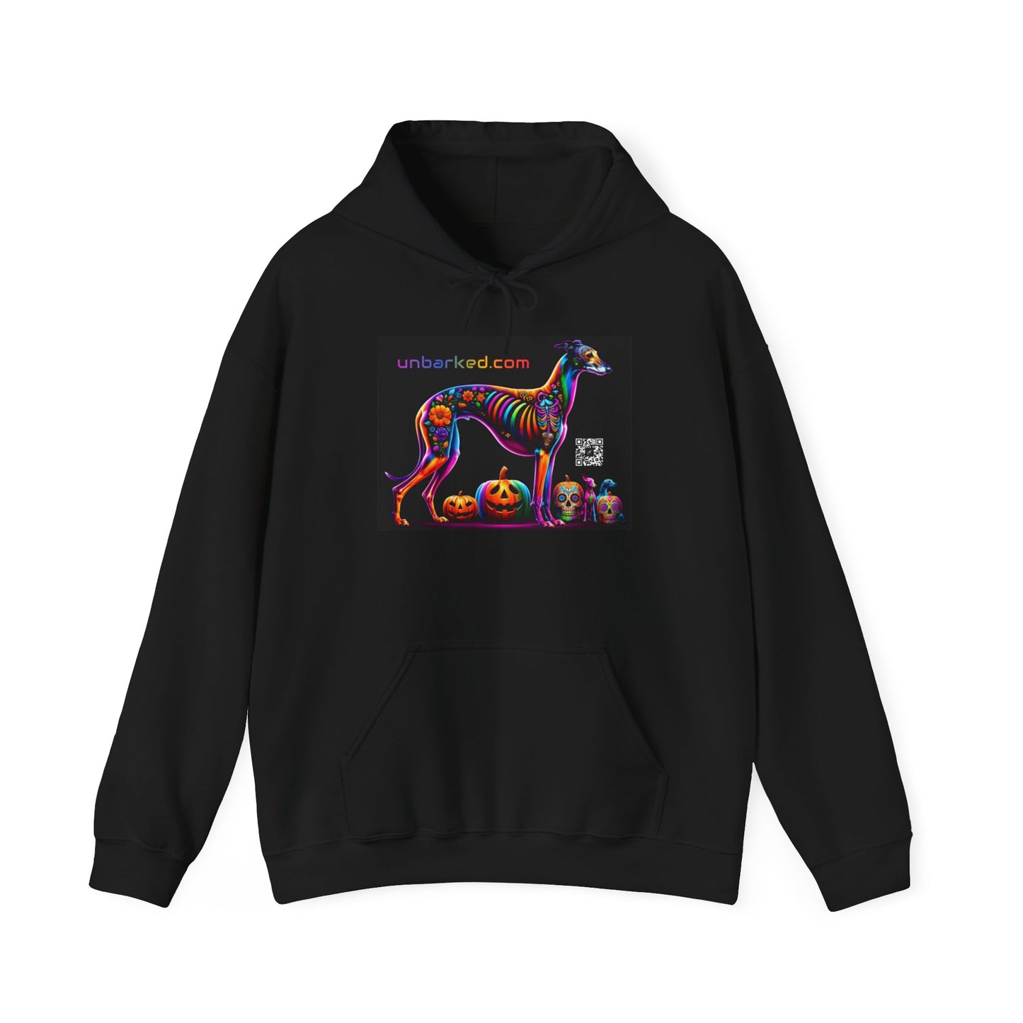 Unisex Heavy Blend™ Hooded Sweatshirt UNBARKED! Halloween Collection - Galgo Greyhound Dog Vibrant Día de Muertos Tattoo