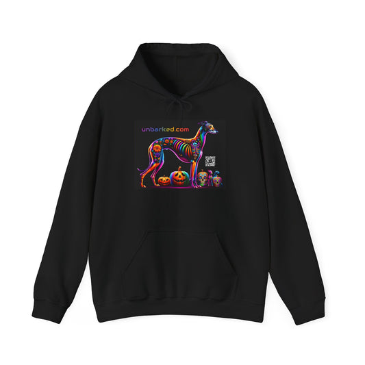 Unisex Heavy Blend™ Hooded Sweatshirt UNBARKED! Halloween Collection - Galgo Greyhound Dog Vibrant Día de Muertos Tattoo