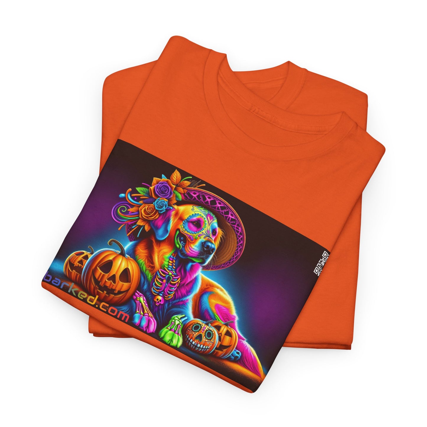 UNBARKED! Halloween Collection - Golden Retreiver Dog Vibrant Día de Muertos Tattoo Unisex Heavy Cotton Tee