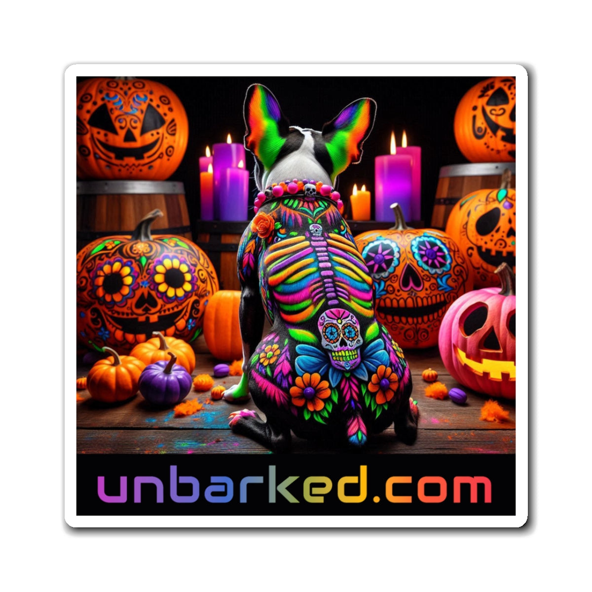 3" Square Magnet - UNBARKED! Halloween Collection - Boston Terrier Dog Vibrant Día de Muertos Tattoo