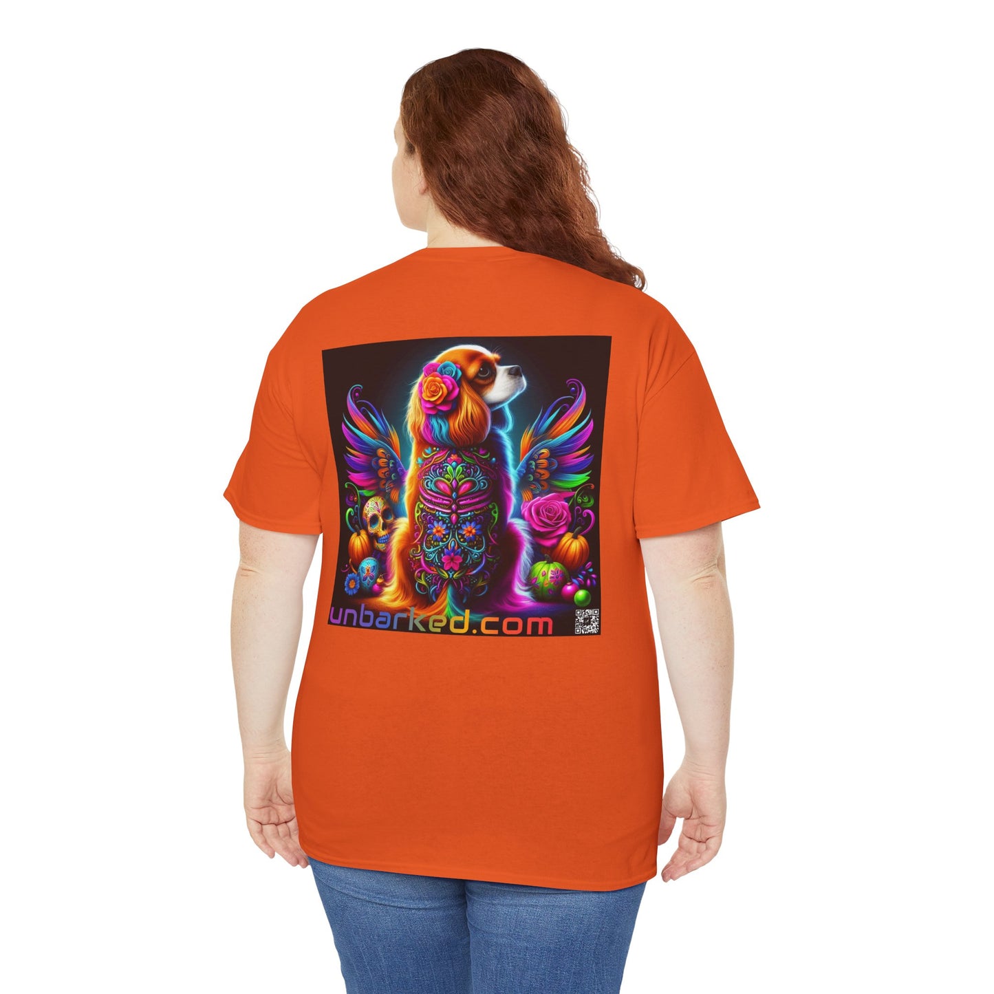 UNBARKED! Halloween Collection - Cavalier King Charles Spaniel Dog Vibrant Día de Muertos Tattoo Unisex Heavy Cotton Tee
