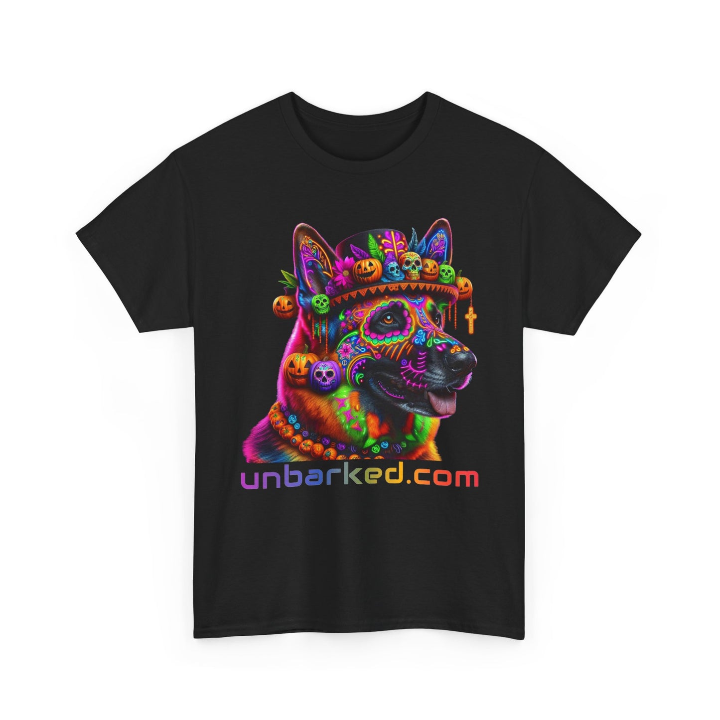 UNBARKED! Halloween Collection - German Shepherd Dog Vibrant Día de Muertos Tattoo Unisex Heavy Cotton Tee