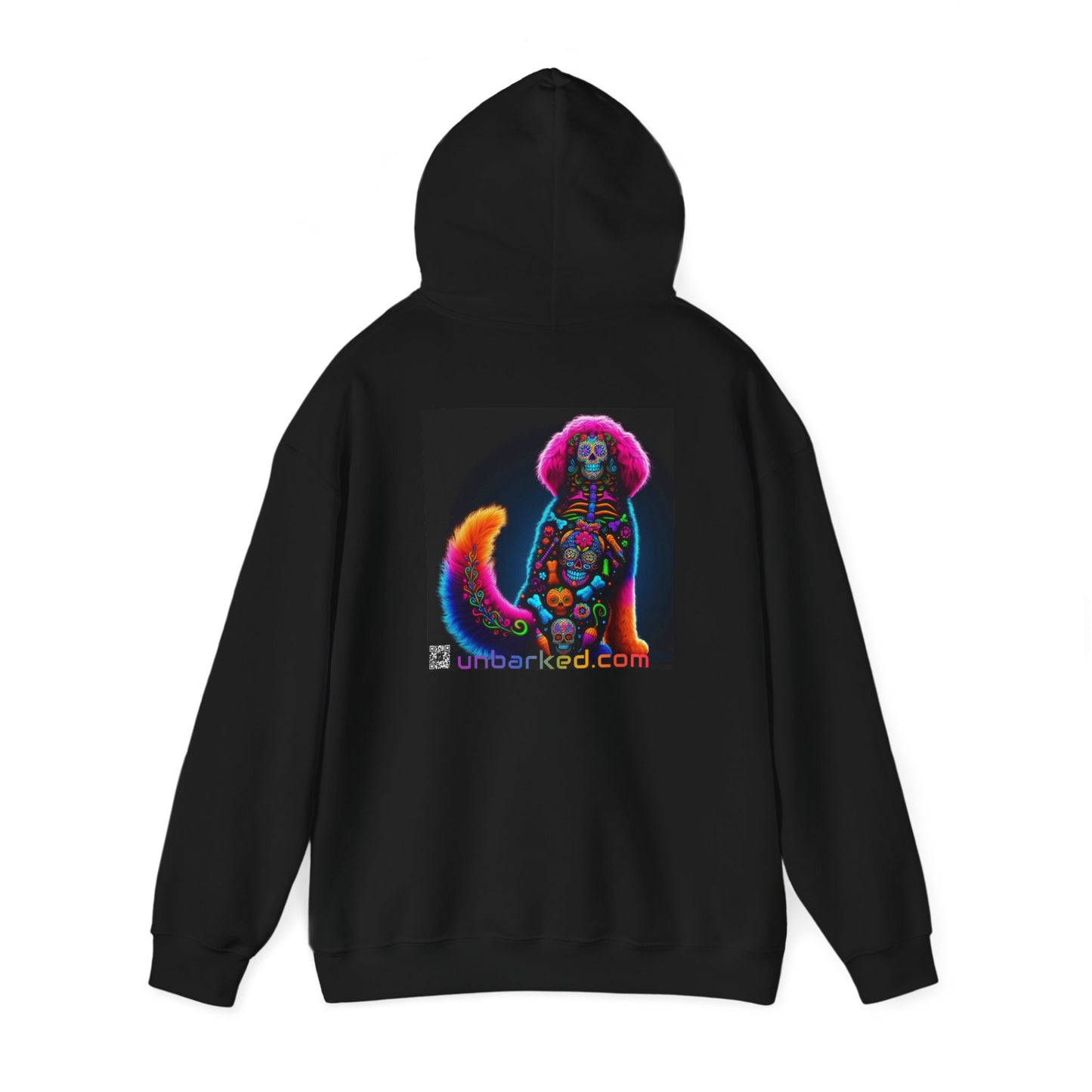 Unisex Heavy Blend™ Hooded Sweatshirt UNBARKED! Halloween Collection - Bernedoodle Vibrant Día de Muertos Tattoo